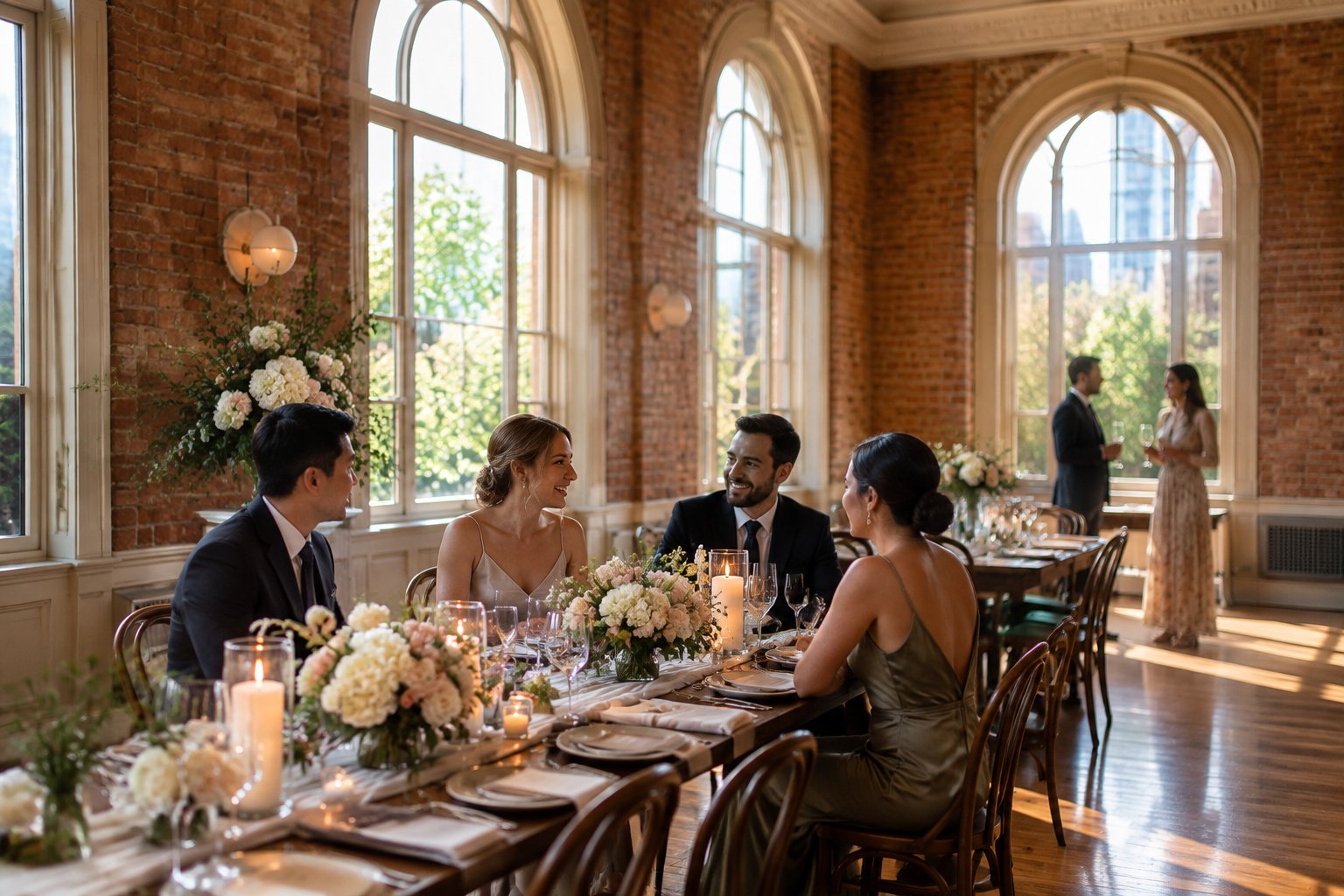 An intimate wedding reception in a character-filled heritage venue with elegant tables, flowers, candles, and guests socializing.