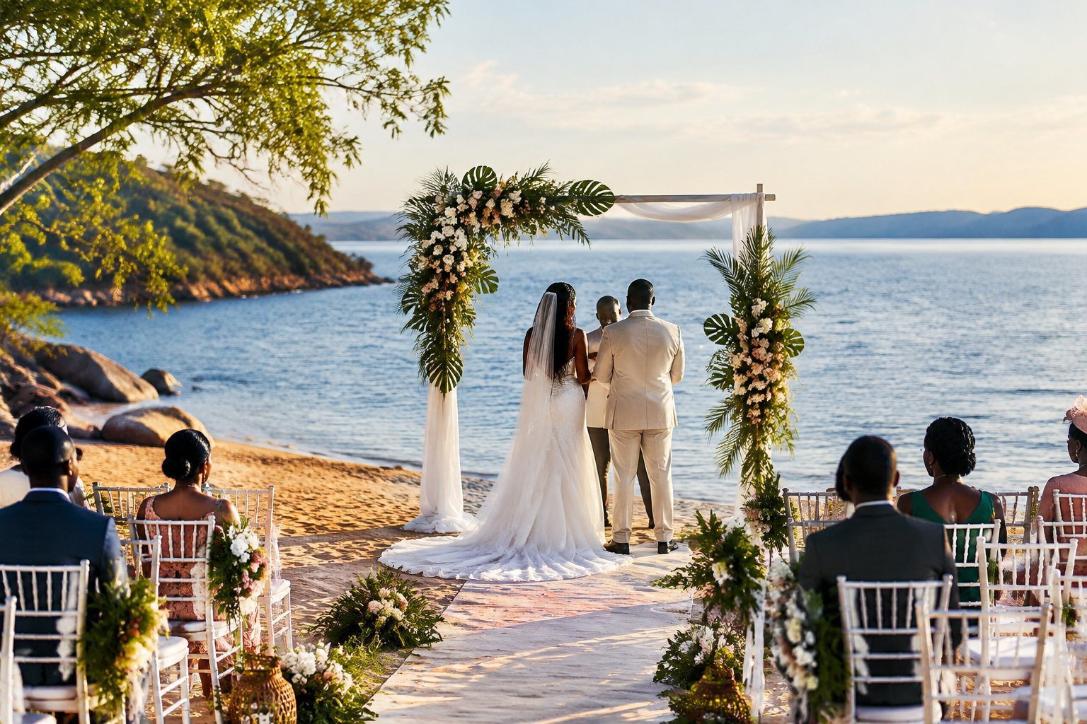 A bride and groom exchange vows beneath a decorated arch at a lakeside beach wedding in Zimbabwe.