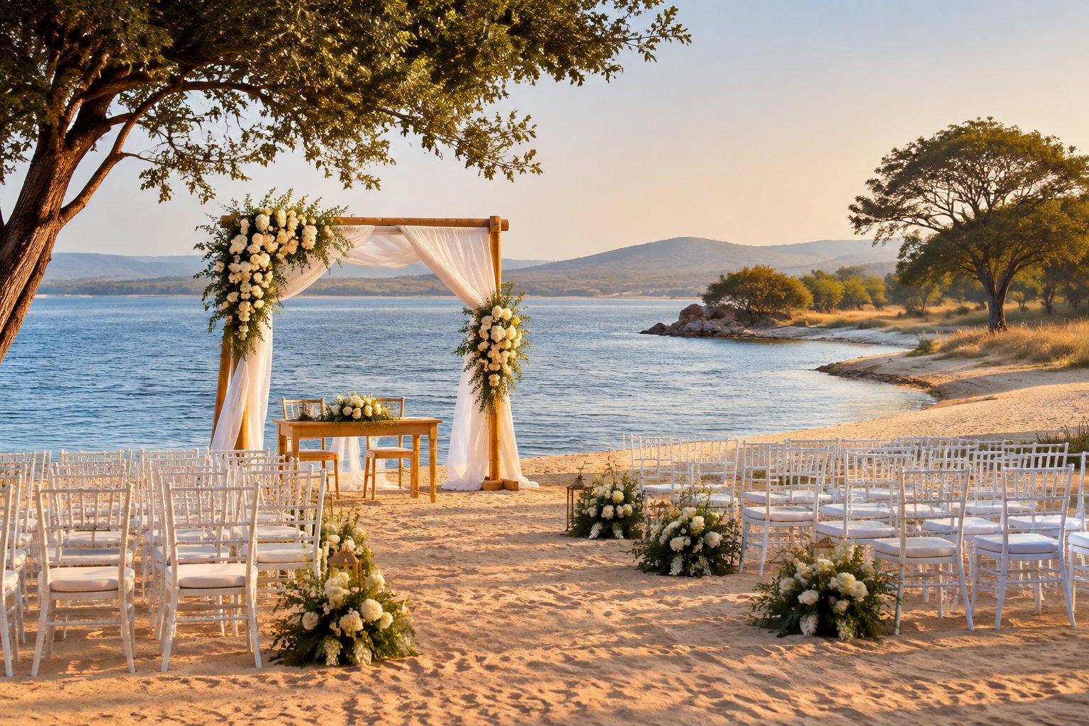 An elegant wedding ceremony setup beside a sandy lakeshore in Zimbabwe.