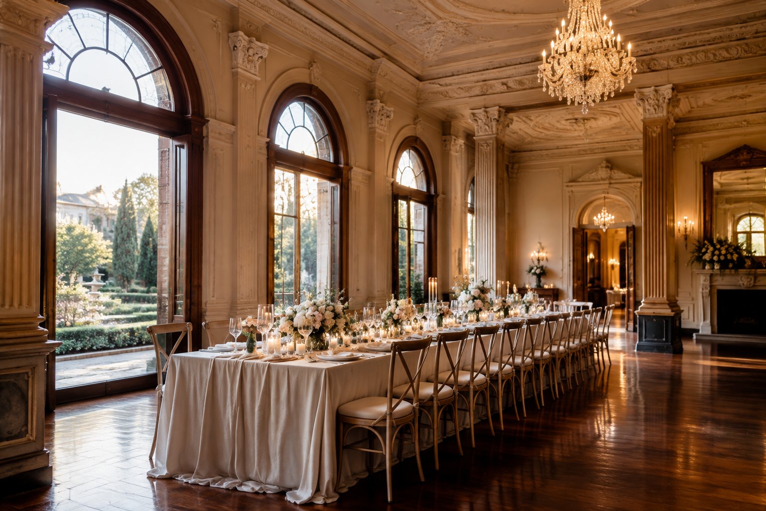 An elegant historic wedding venue with ornate architecture, a chandelier, and a candlelit reception table.