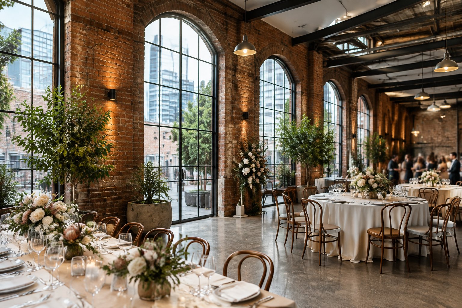 An elegant wedding reception arranged inside a converted Melbourne warehouse with exposed brick walls, greenery, and soft floral decorations.