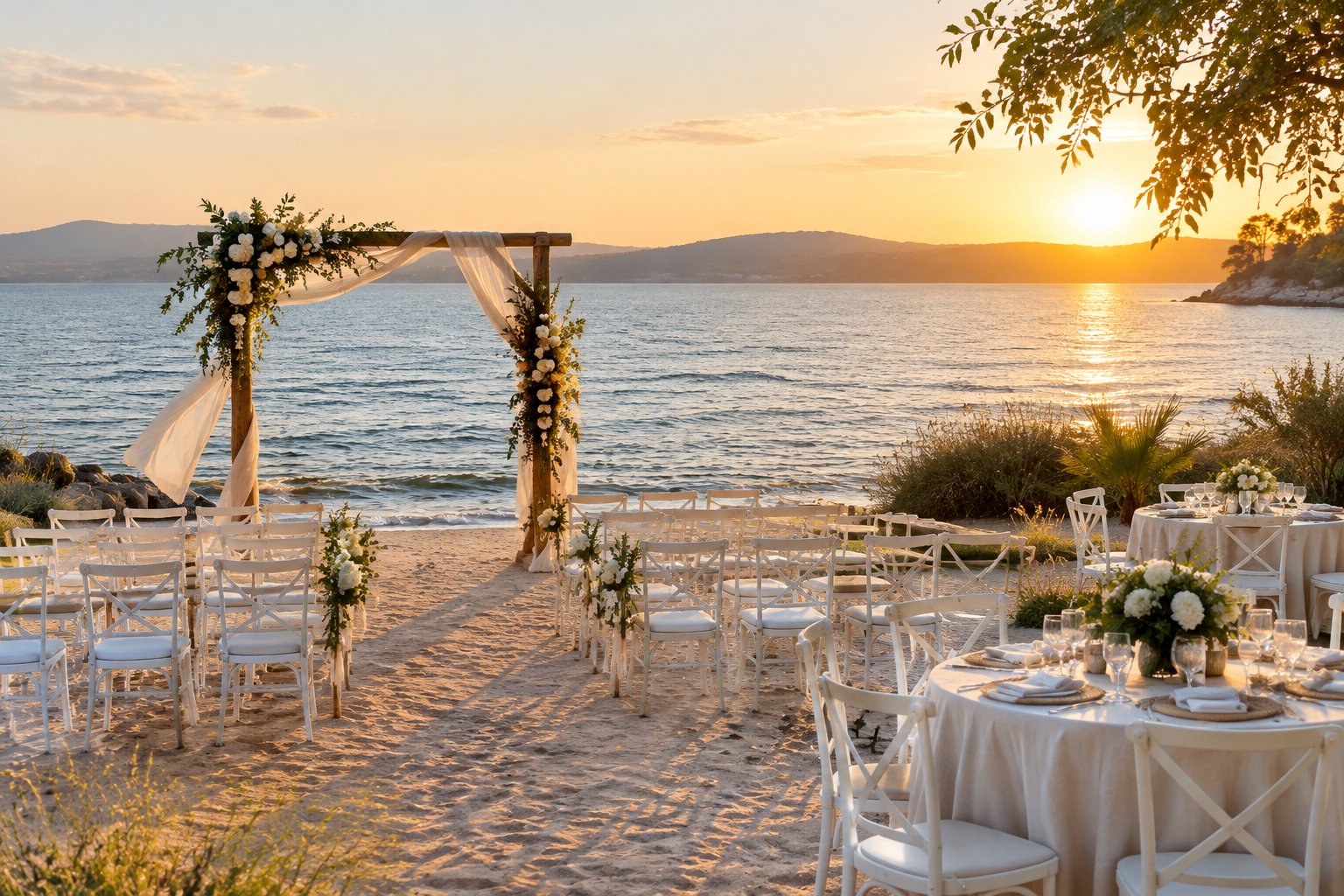 An elegant wedding ceremony set on a sandy Zimbabwean lakeshore beside calm water.