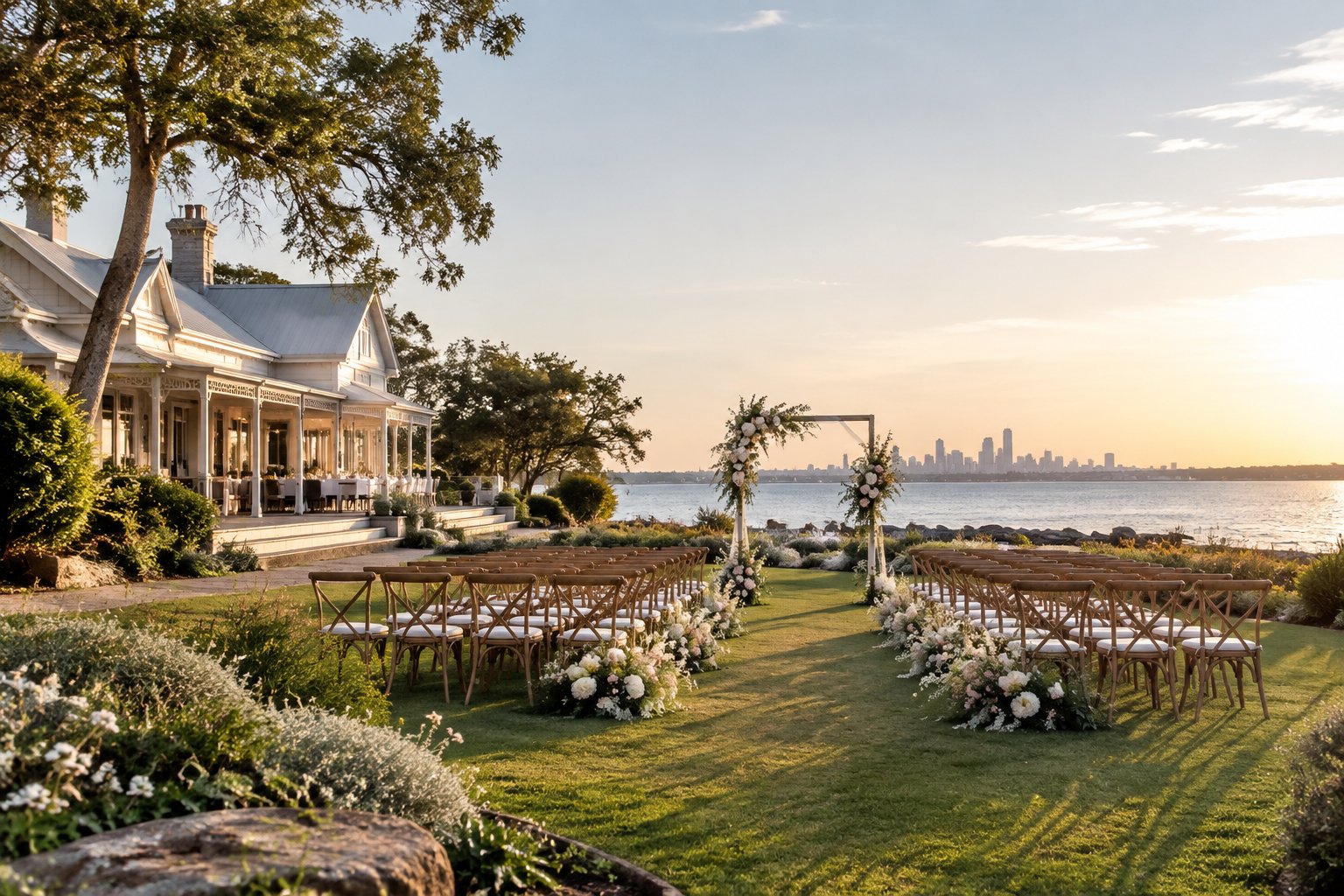An elegant boutique wedding venue with a floral ceremony setup beside calm water and landscaped gardens.