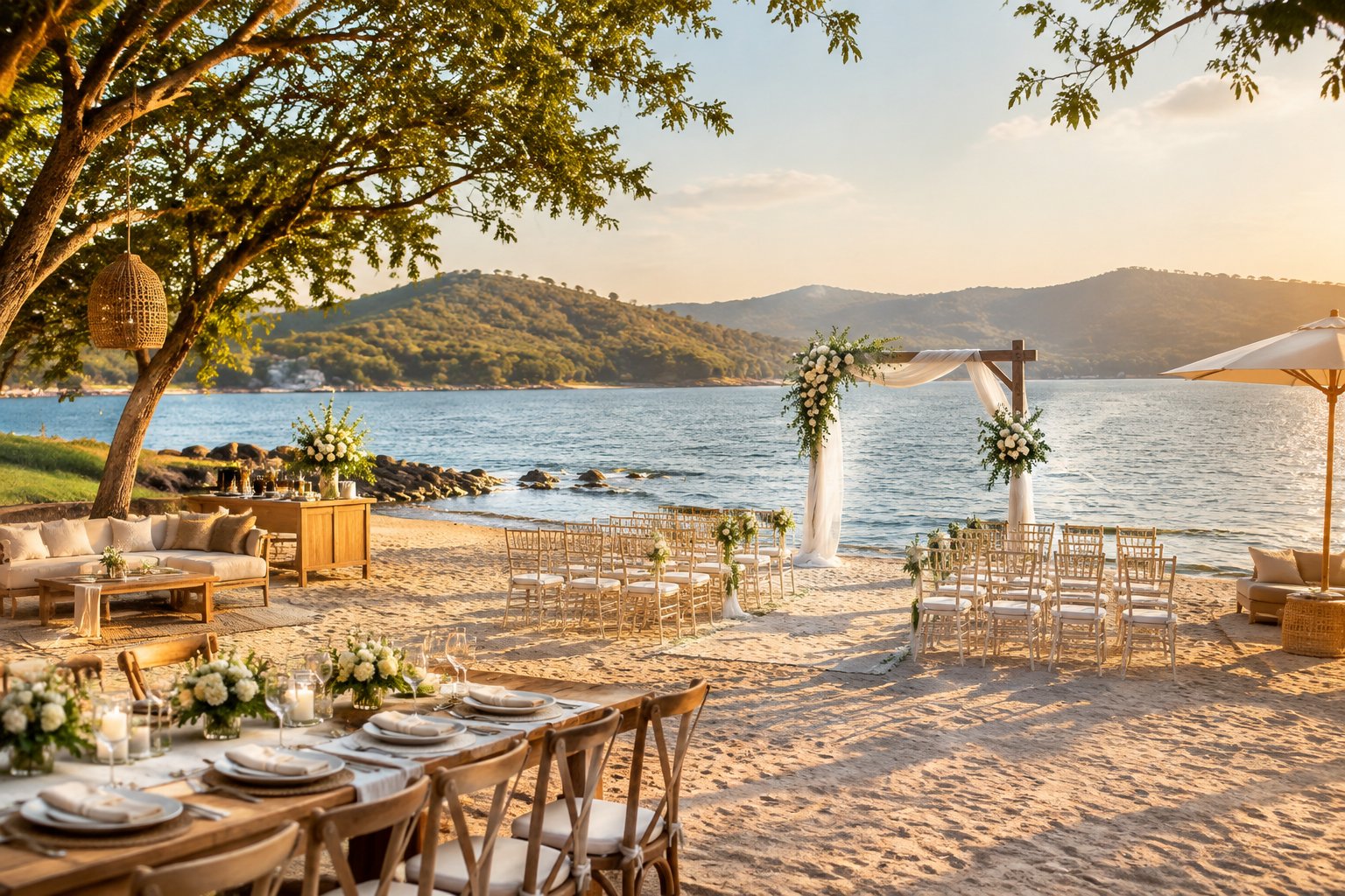 An elegant wedding ceremony setup on a sandy lakeside beach in Zimbabwe with a floral arch, chairs, and calm water in the background.