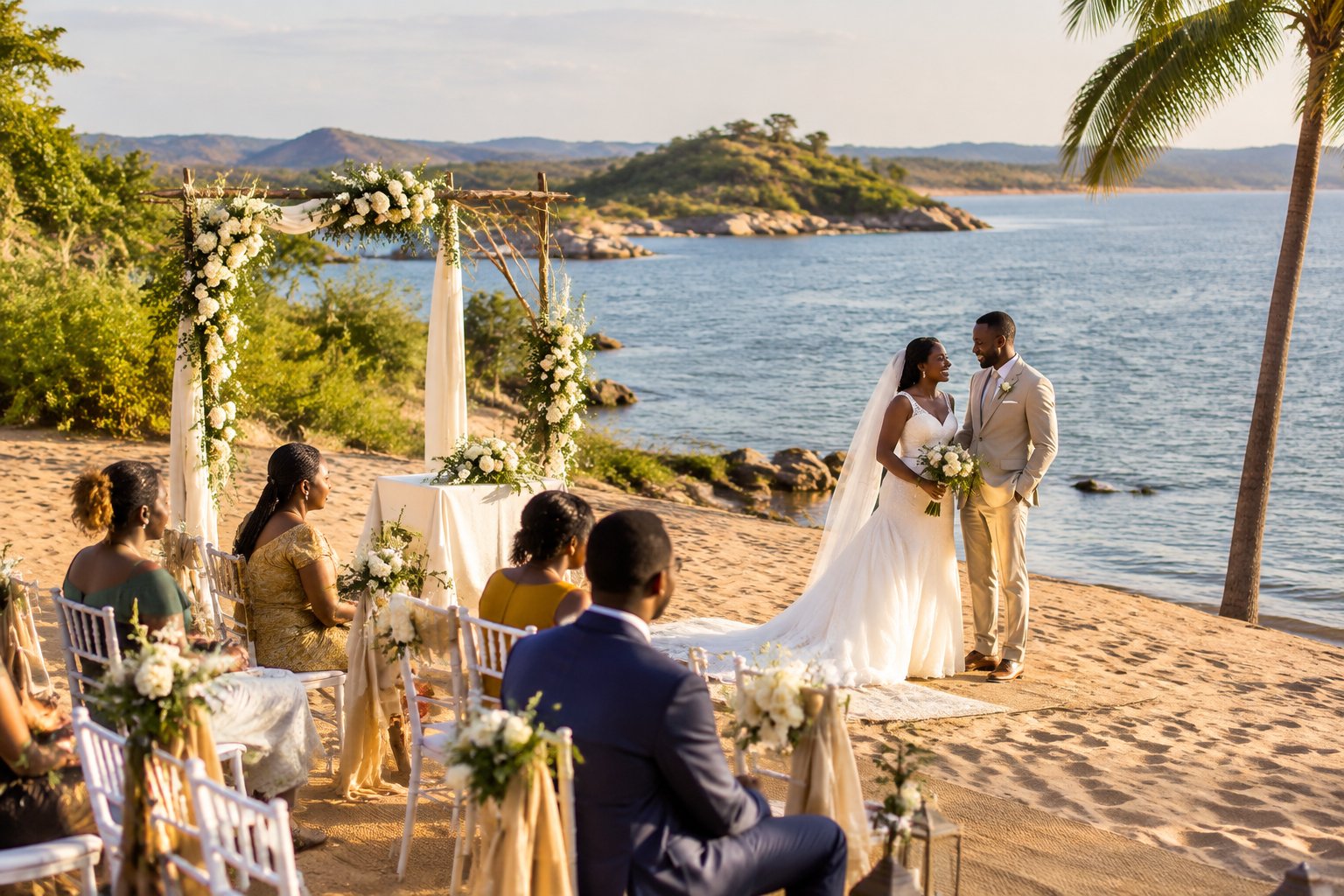 A bride and groom stand beneath a floral arch at a sandy waterside wedding venue in Zimbabwe.