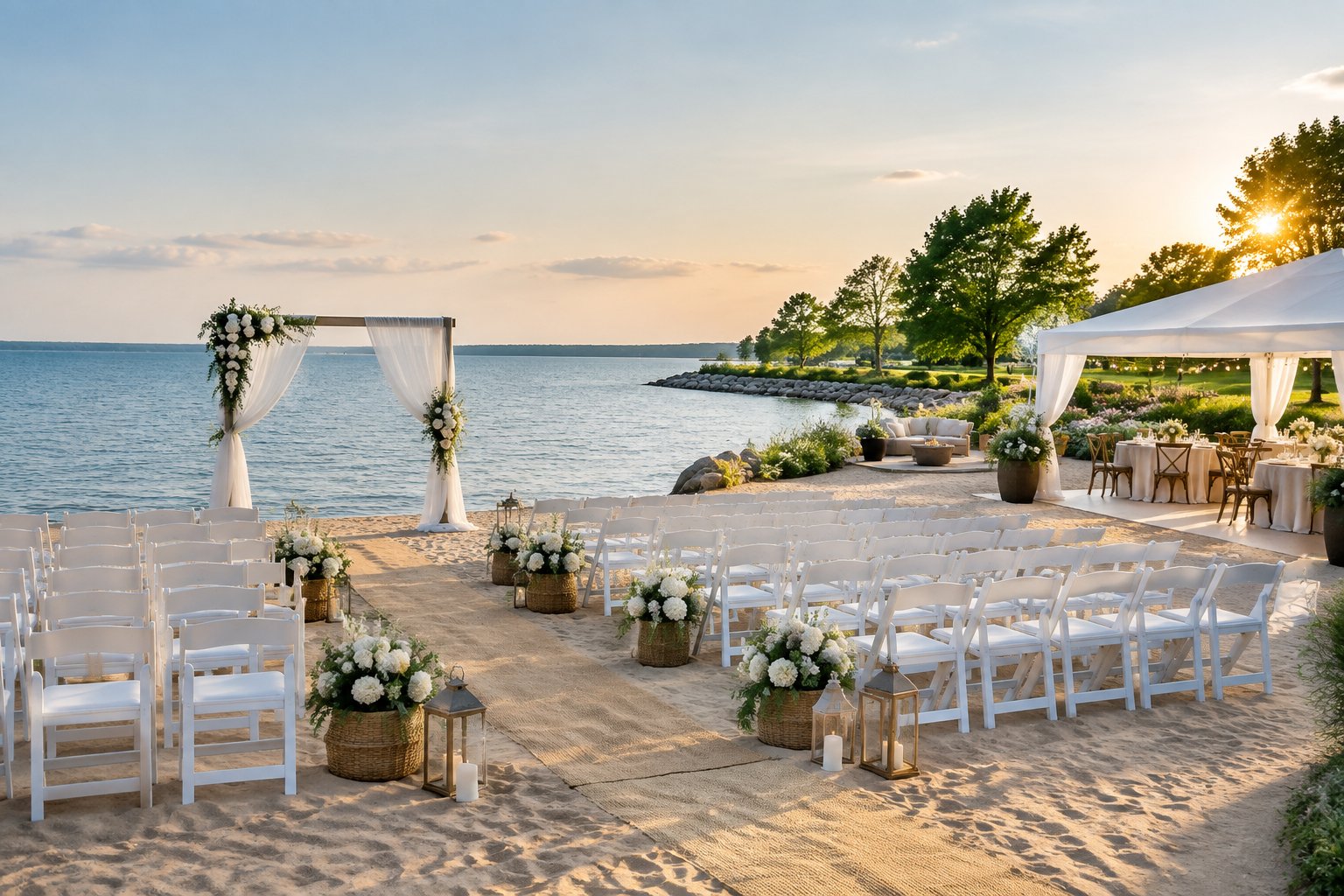 An elegant outdoor wedding ceremony setup on a sandy beach beside calm blue water.
