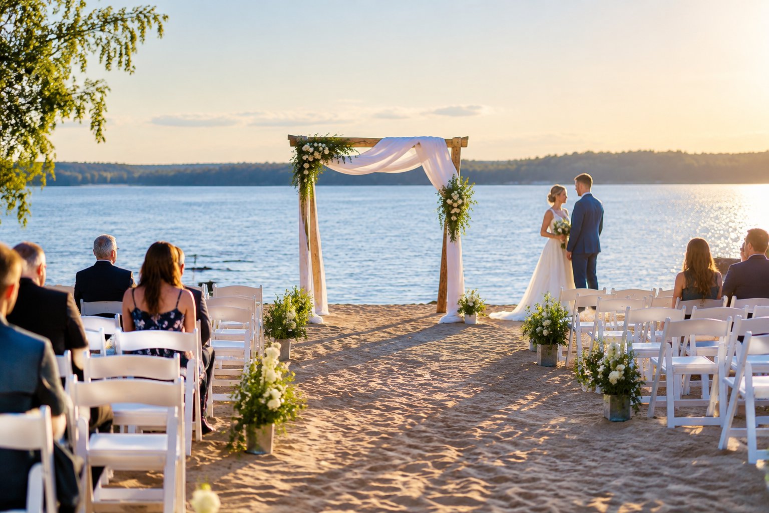 An elegant wedding ceremony setup on a sandy lakeside beach with white chairs, a decorated arch, and calm blue water.