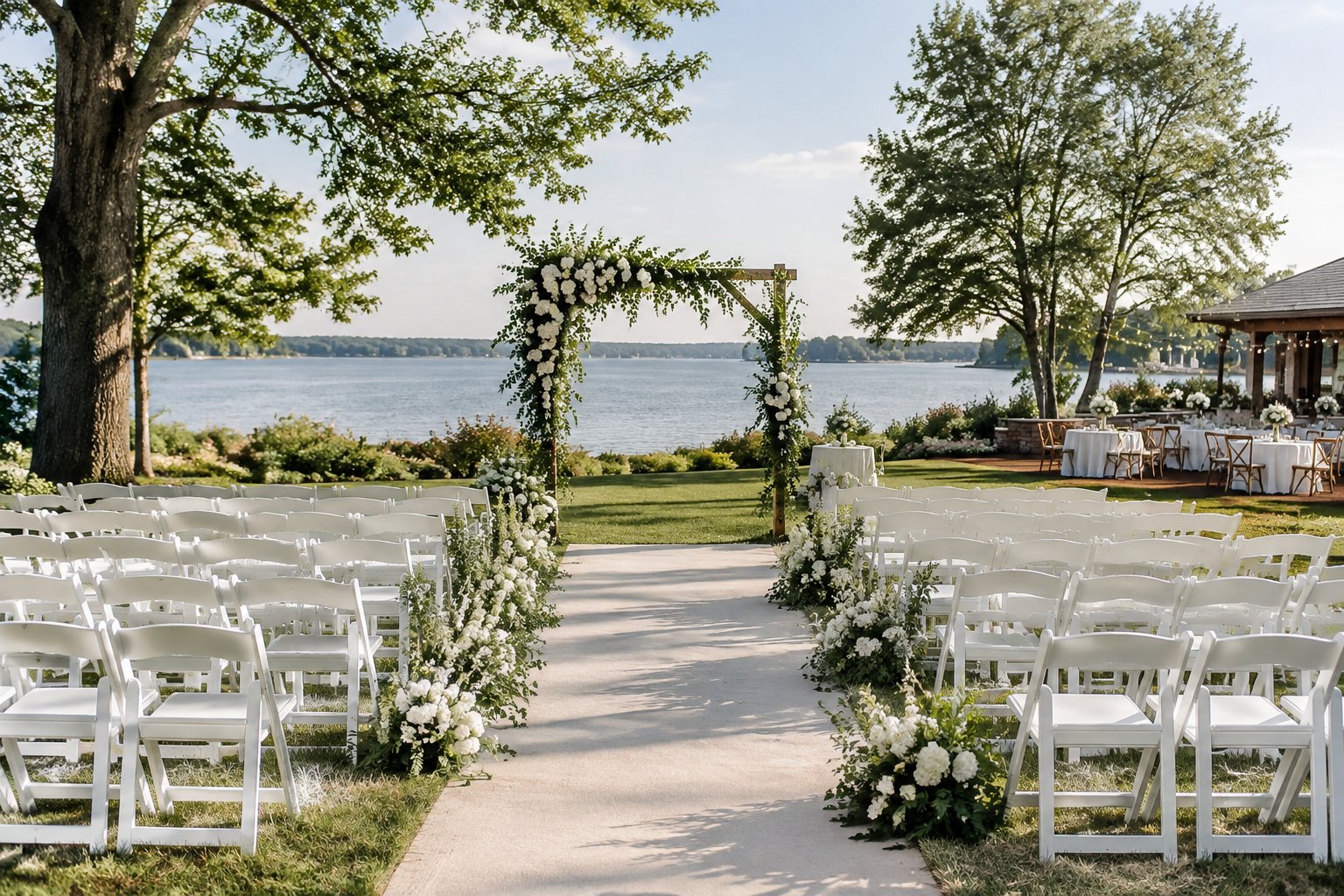 An elegant outdoor wedding ceremony setup beside a calm lake, surrounded by trees and landscaped grounds.