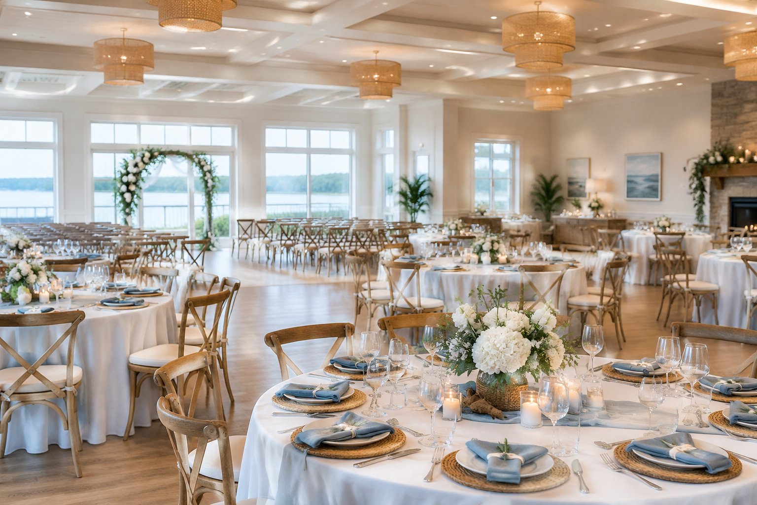 An elegant indoor wedding venue decorated with coastal colors, white flowers, reception tables, and a ceremony arch.