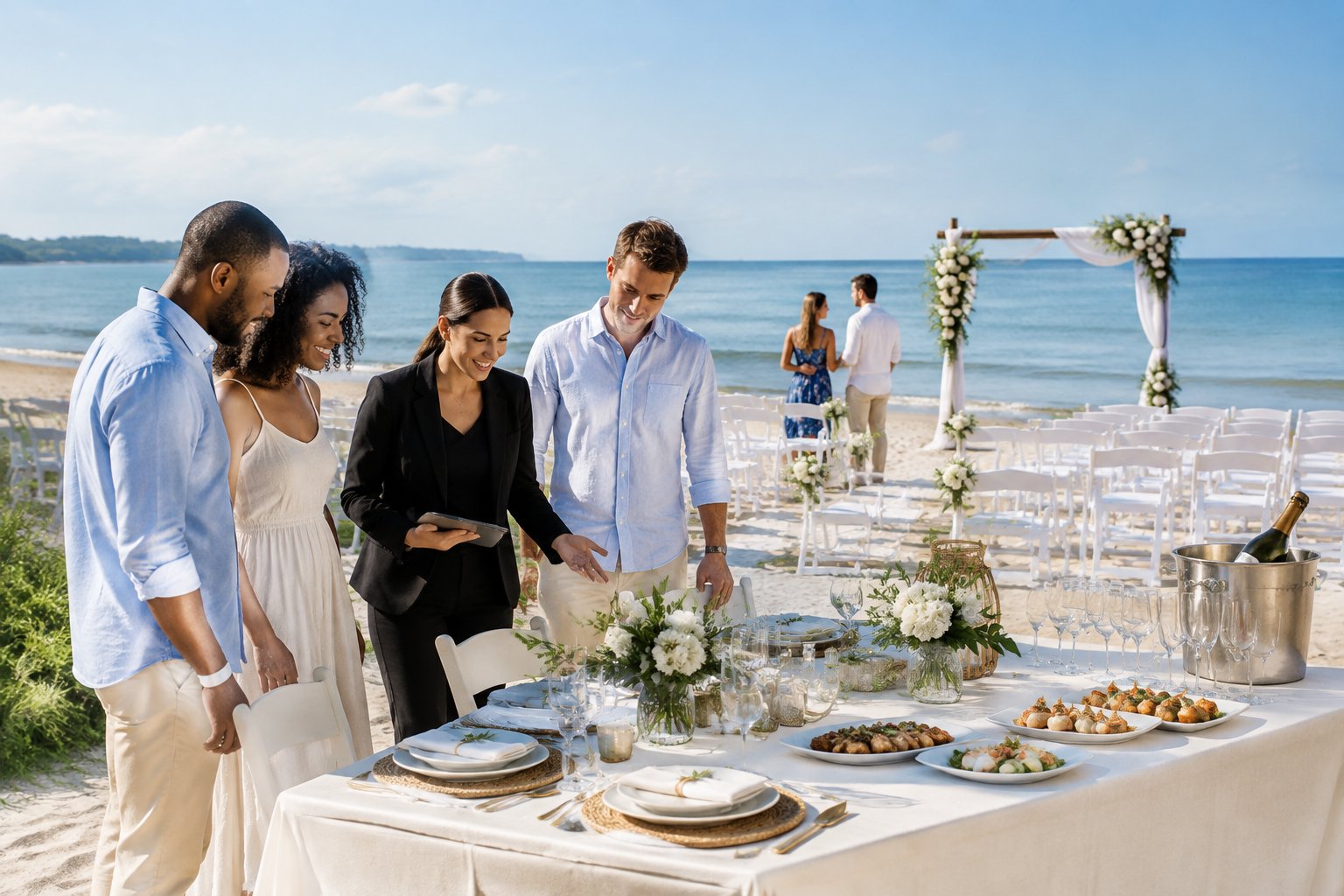 A couple and venue coordinator review an elegant beach wedding ceremony and reception setup.