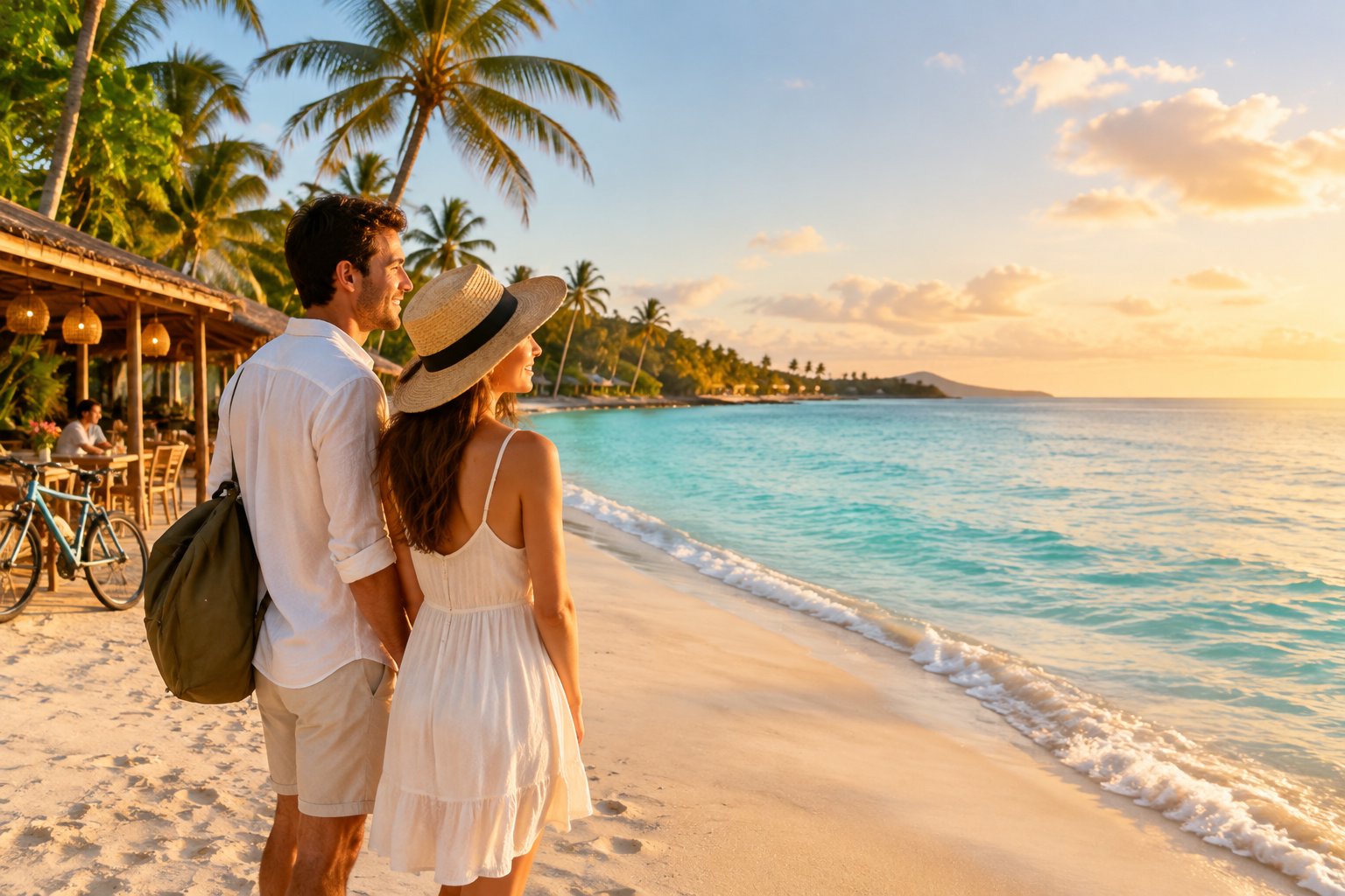 A newlywed couple enjoying a sunny tropical beach with bicycles and a simple seaside café nearby.