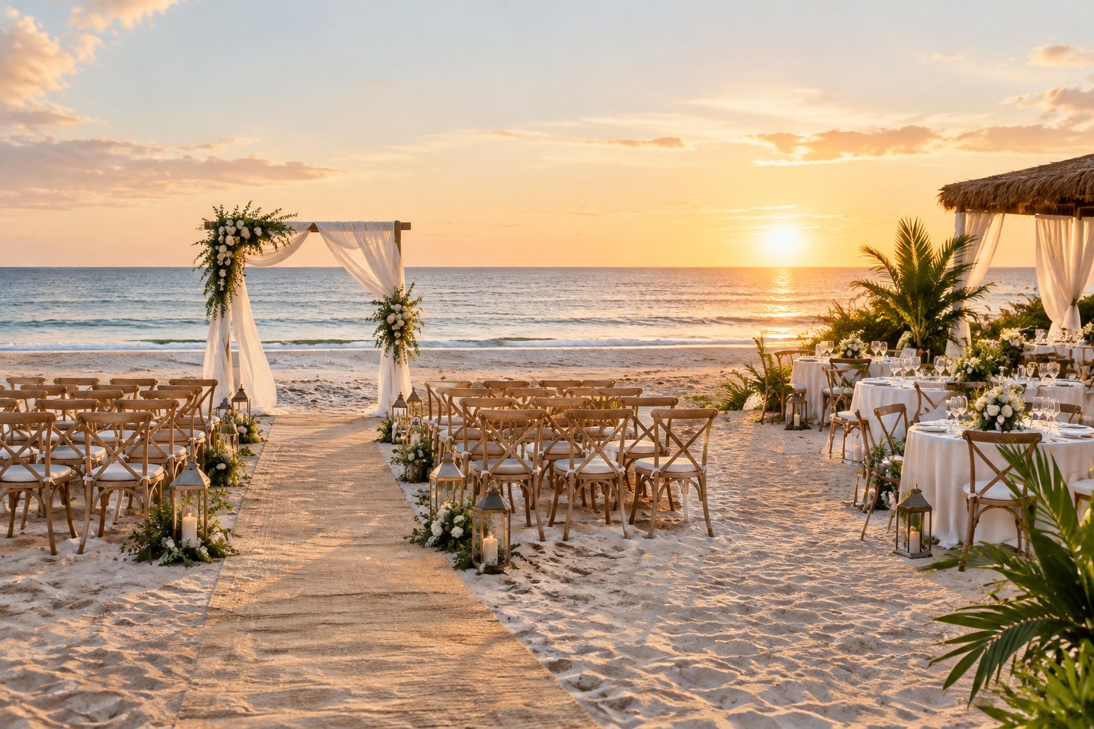 An elegant wedding ceremony setup on a sandy beach beside calm ocean water at sunset.