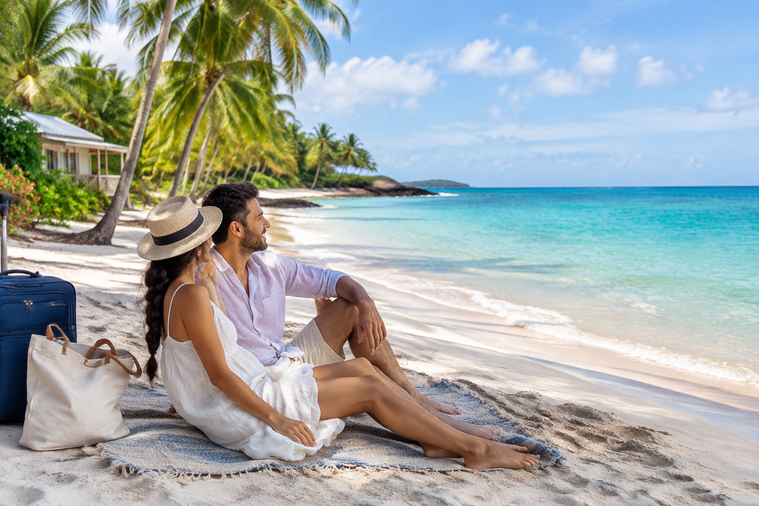 A newlywed couple relaxes together on a tropical beach beside simple travel luggage.