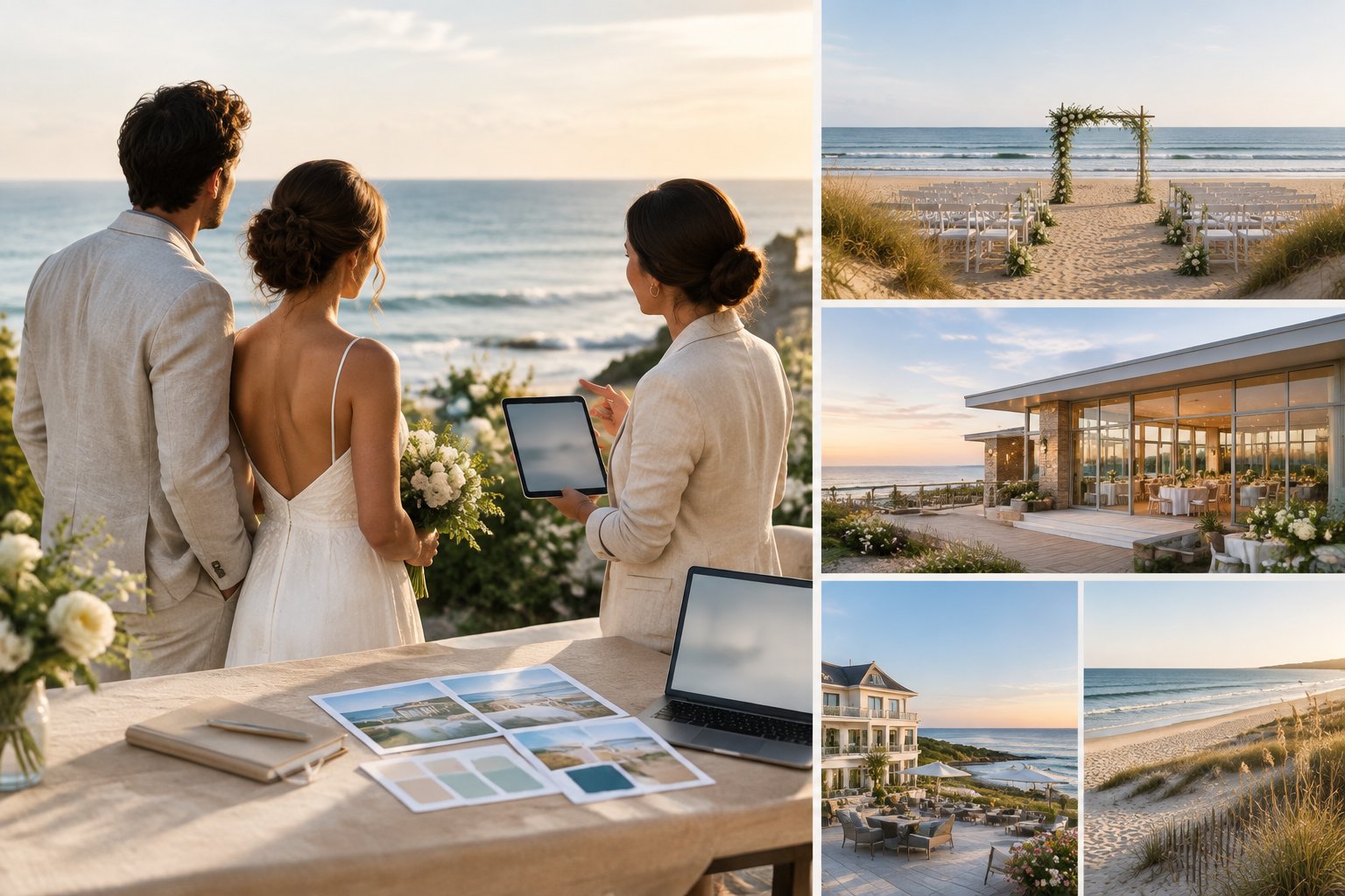 A couple and a wedding planner compare coastal wedding venue options beside an oceanfront ceremony site.