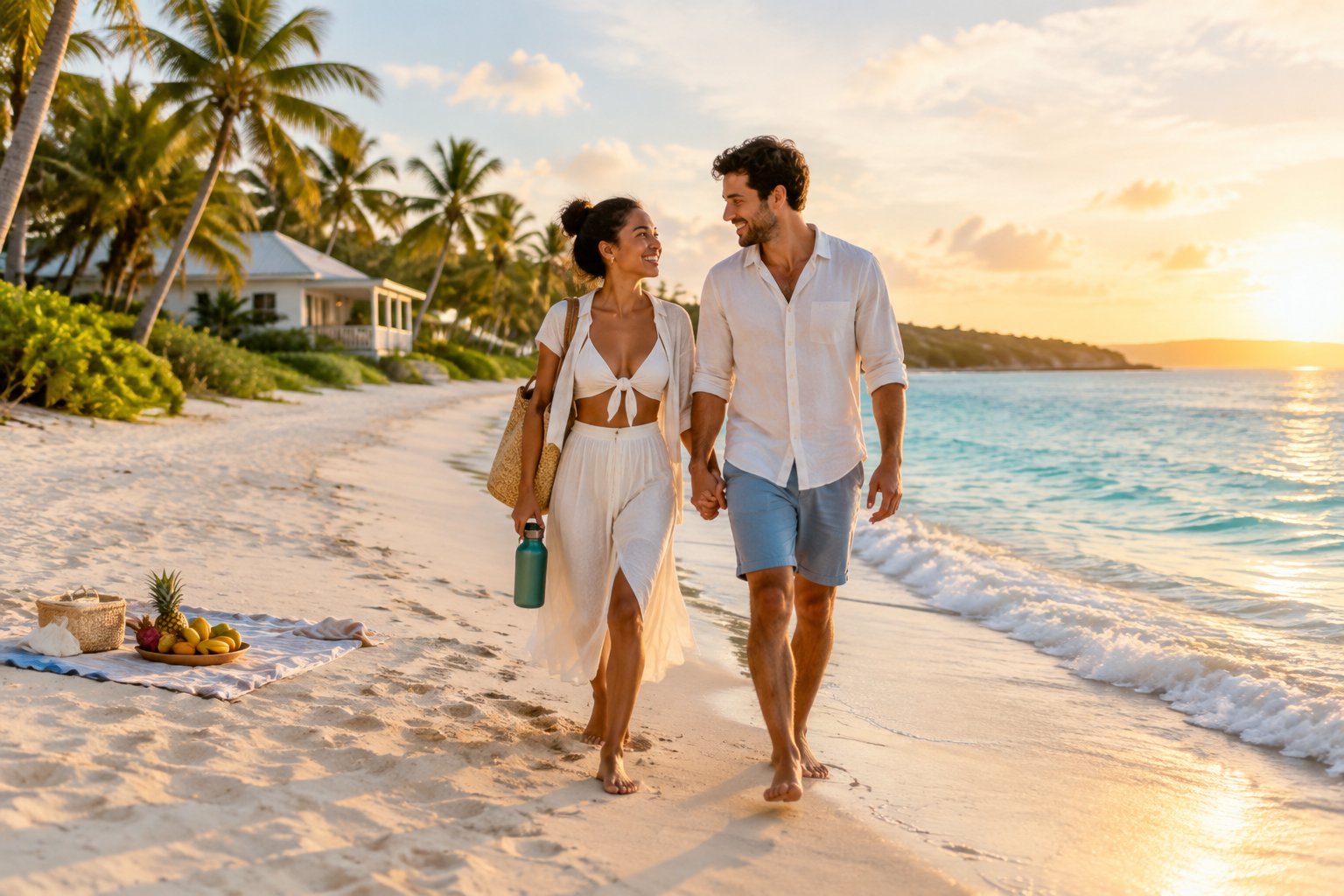 Newlywed couple walking hand in hand along a tropical beach near a simple beachfront bungalow.