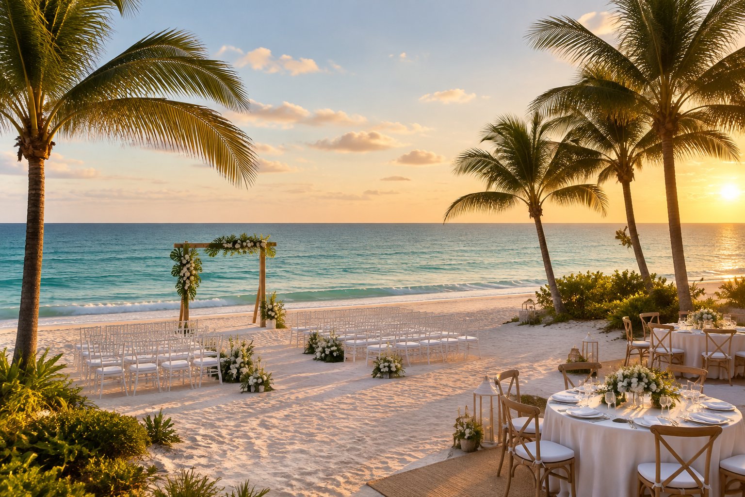 An elegant beach wedding ceremony setup on a sunny Florida shoreline with white chairs, floral decorations, palm trees, and ocean views.