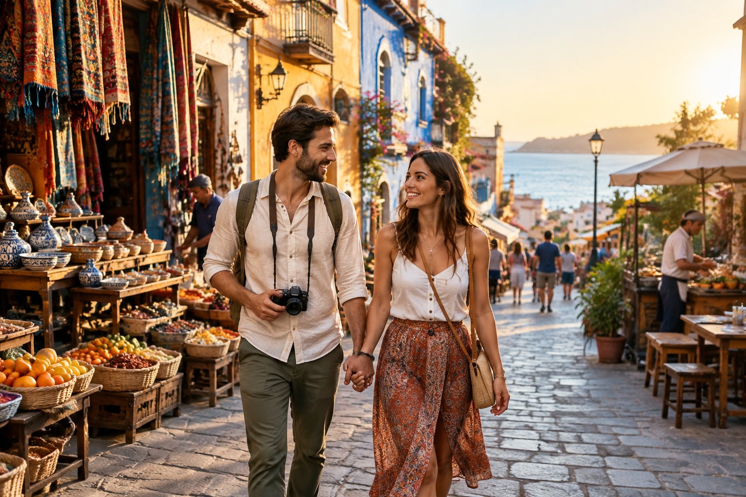 A newlywed couple walks hand in hand through a colorful historic market street.