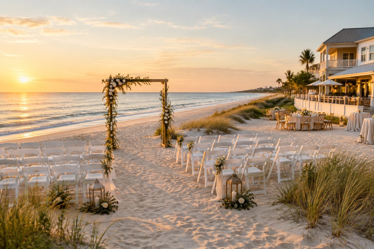 An elegant beach wedding ceremony setup beside a seaside venue at sunset.
