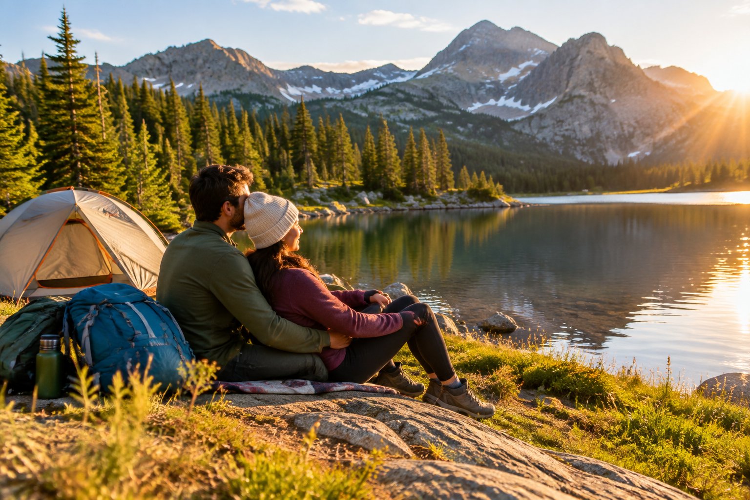 A couple relaxes beside a mountain lake near a small tent, surrounded by pine trees and rugged peaks.
