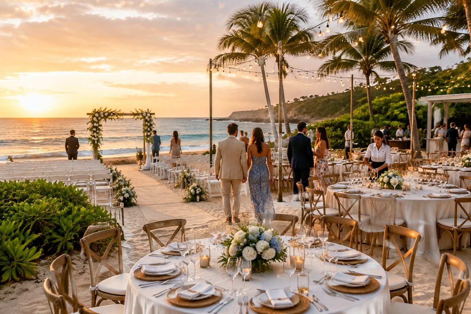 A beach wedding ceremony area flows into an elegant reception setup beside the ocean.