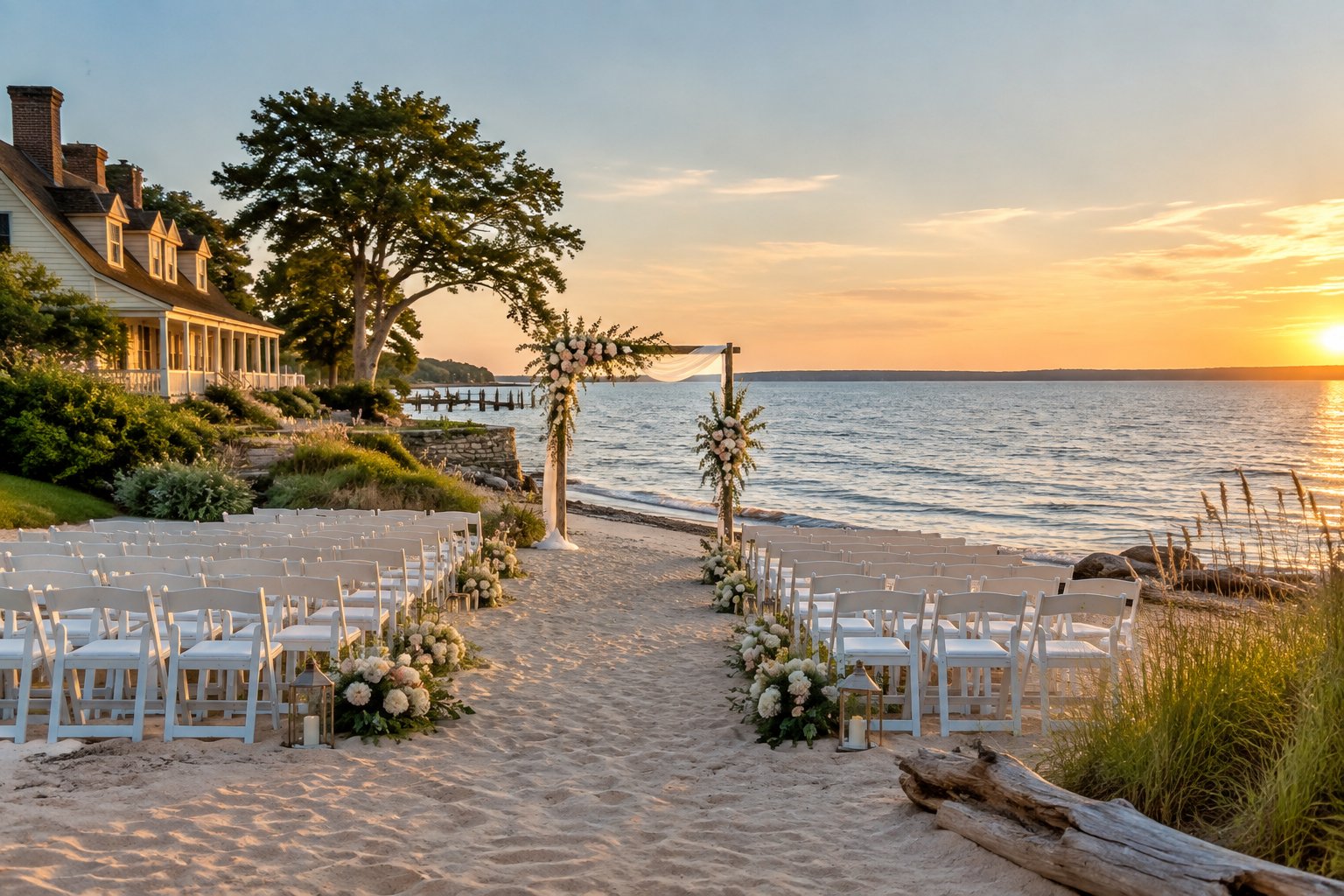 A decorated outdoor wedding ceremony space on a sandy beach beside calm coastal waters in Yorktown.