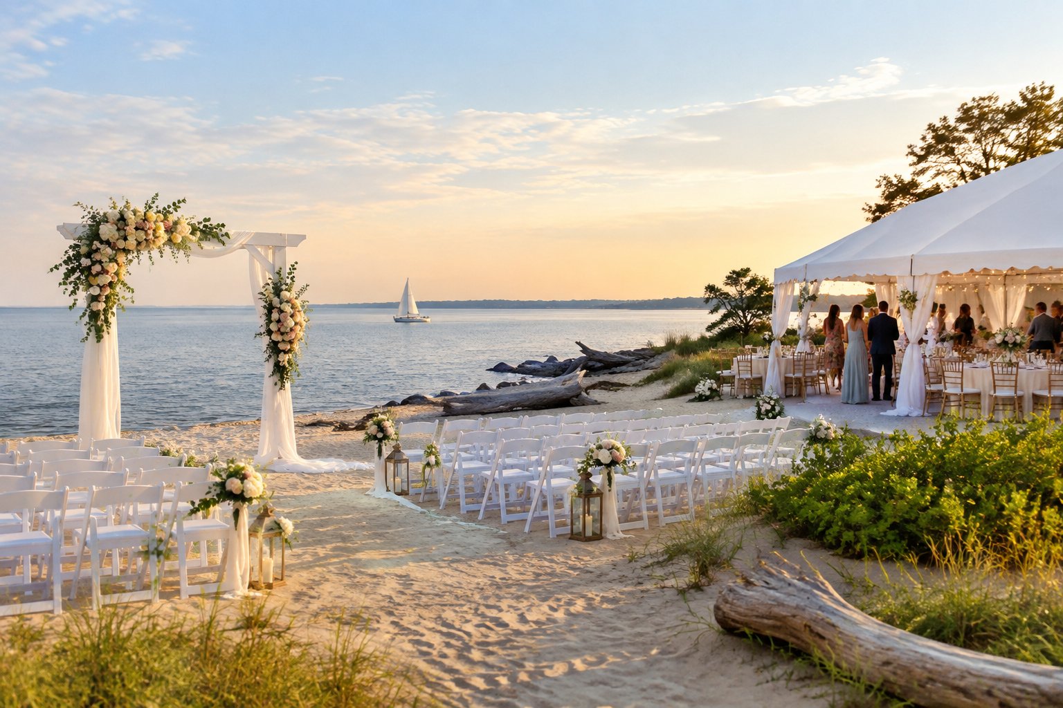 Elegant waterfront wedding ceremony and reception setup on a sandy Yorktown beach.