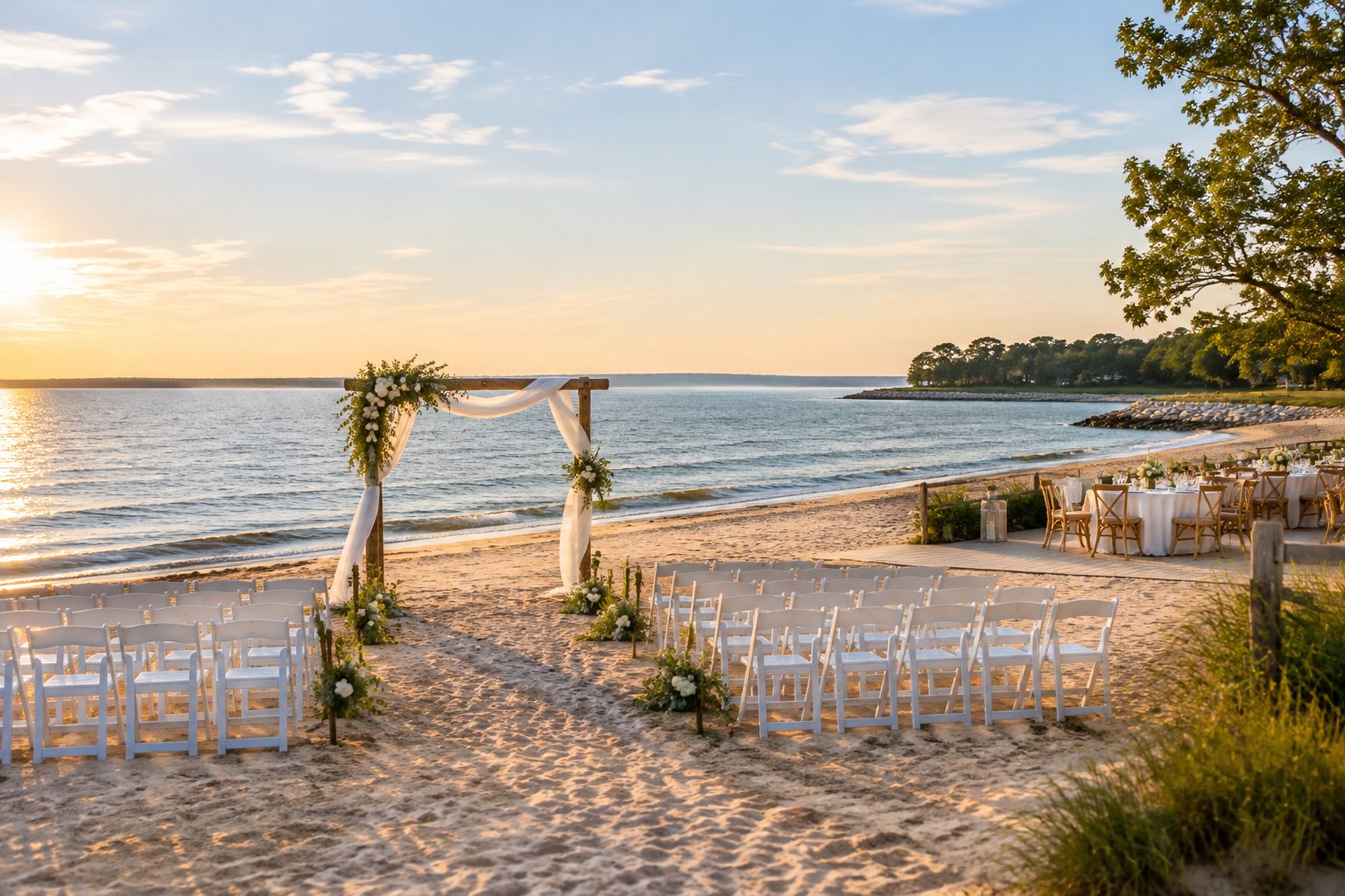 A beach wedding ceremony setup on a calm waterfront shoreline near Yorktown.
