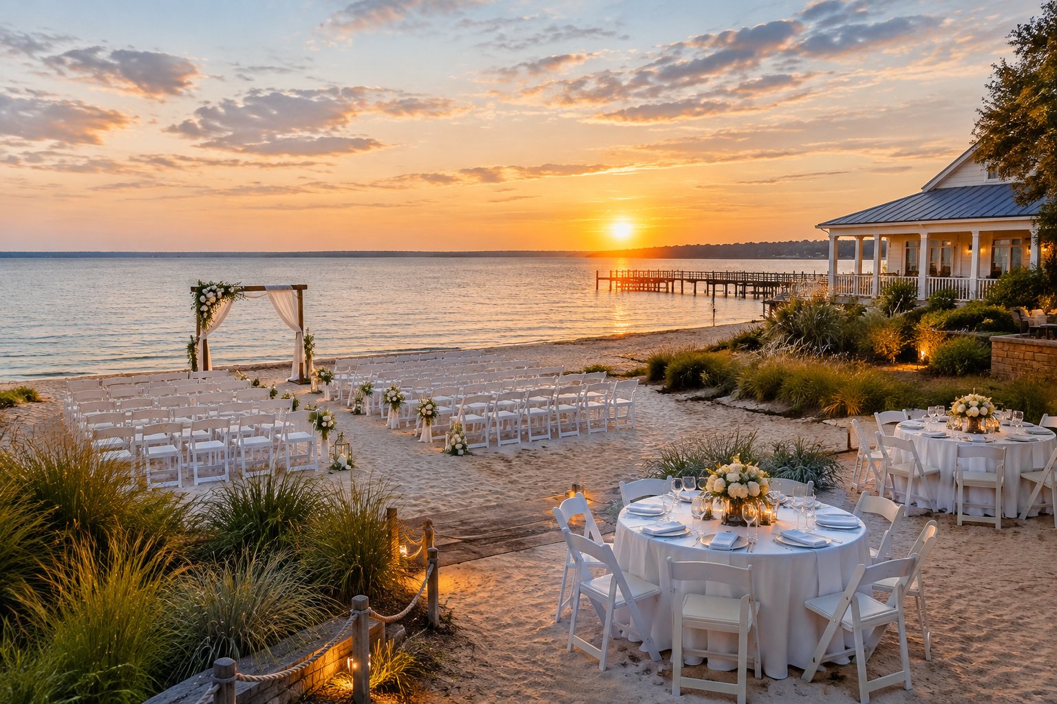 A seaside wedding venue in Yorktown with white chairs, a floral arch, and reception tables overlooking calm water at sunset.