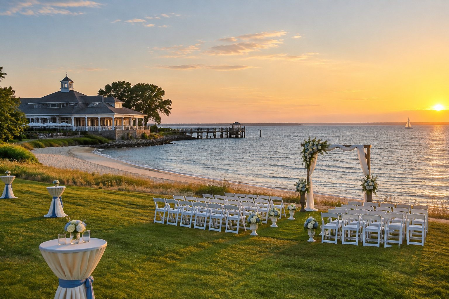 An elegant outdoor wedding ceremony setup beside a sandy beach and calm bay in Yorktown.