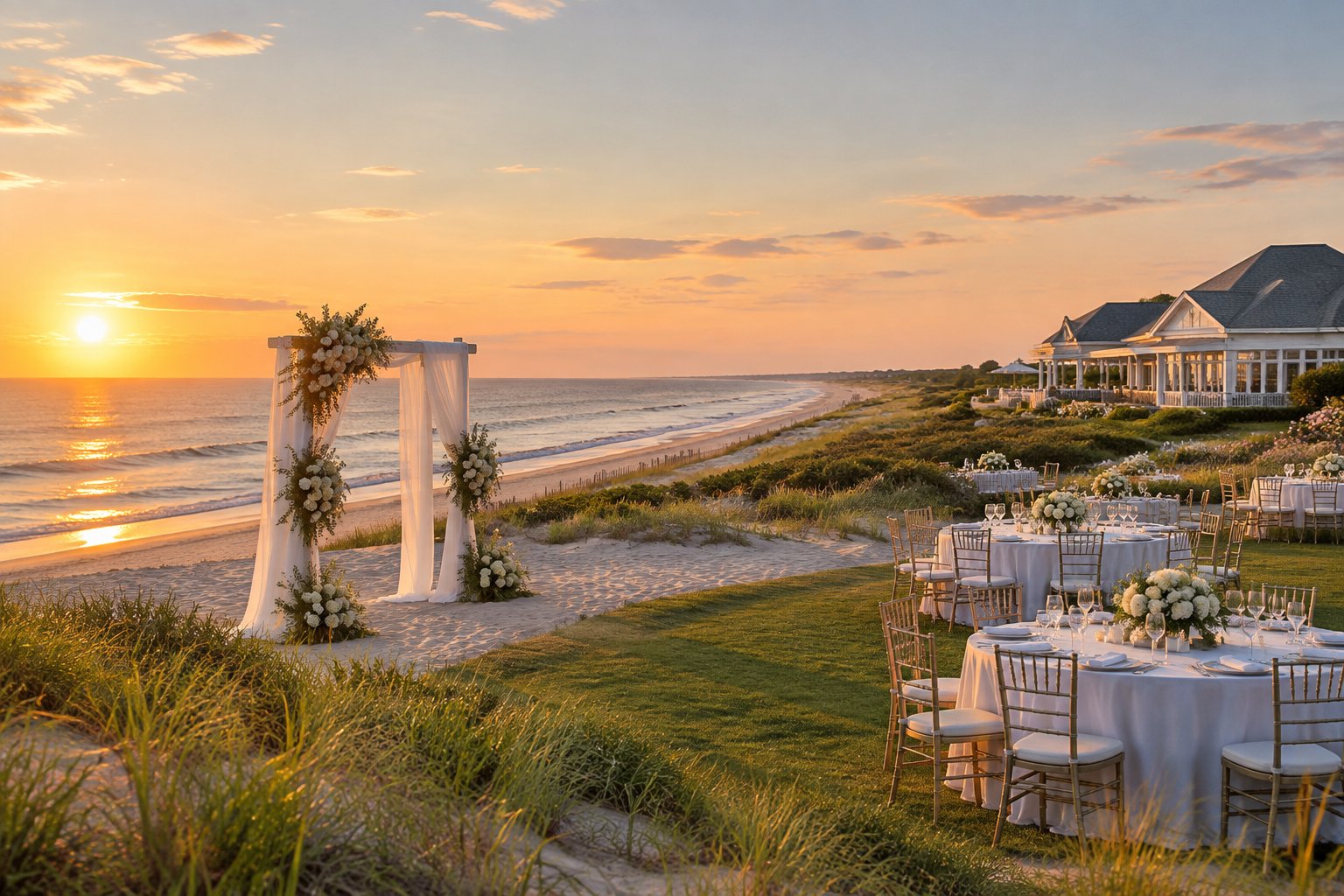 An elegant wedding reception setup beside a Long Island beach at sunset, with ocean waves, floral decorations, and a coastal venue.