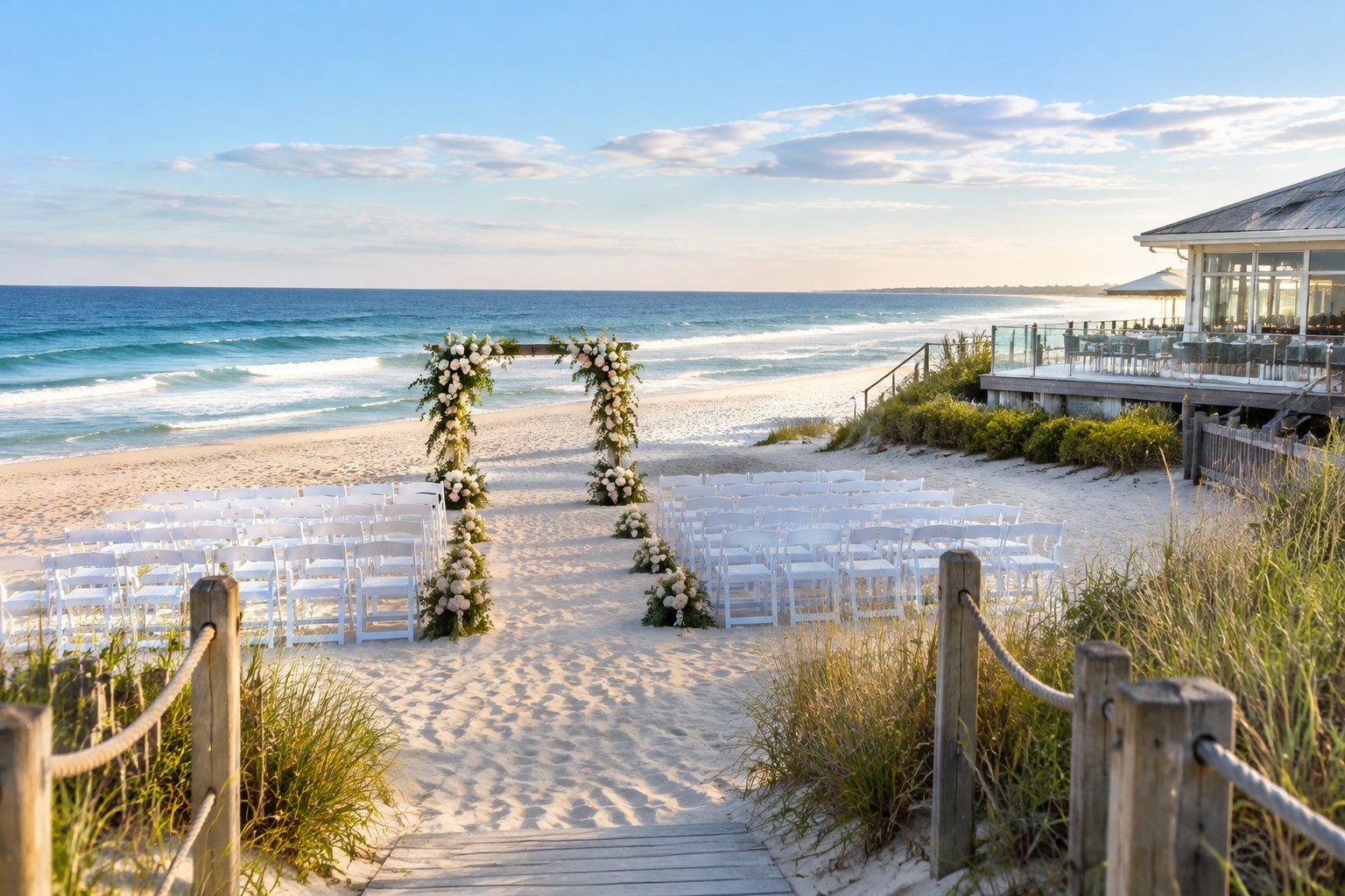 An elegant wedding ceremony setup on a sandy Long Island beach with the ocean behind it.