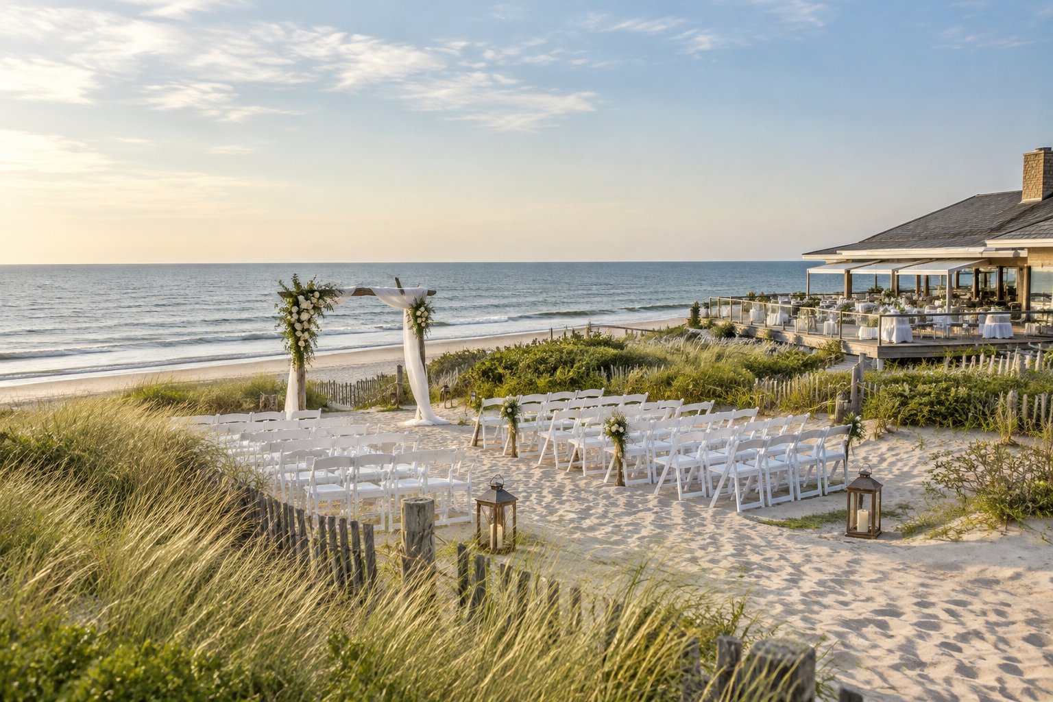 Elegant wedding ceremony setup beside a sandy Long Island beach with ocean views and coastal landscaping.