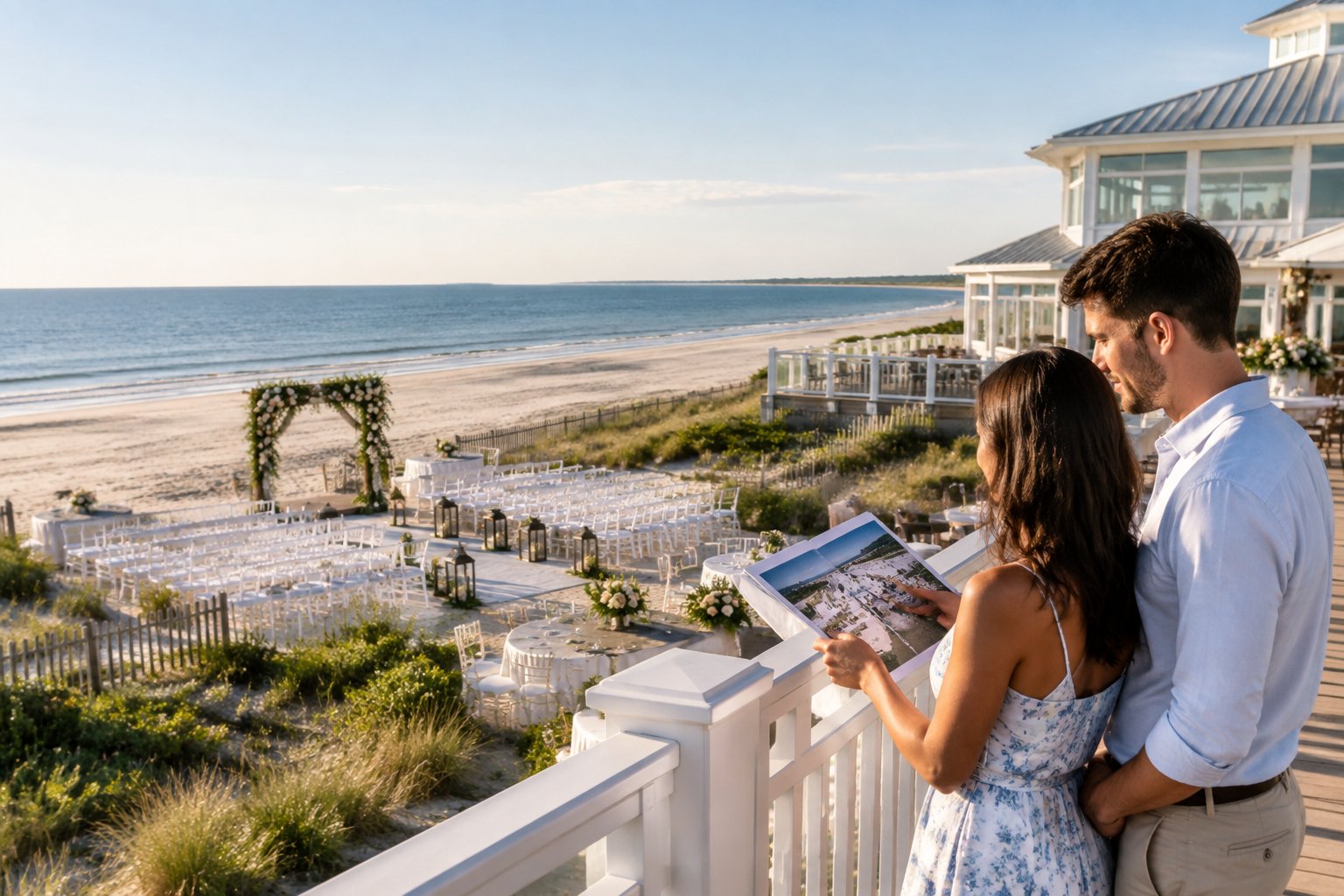 A couple reviews an elegant beachfront wedding venue beside a Long Island beach.