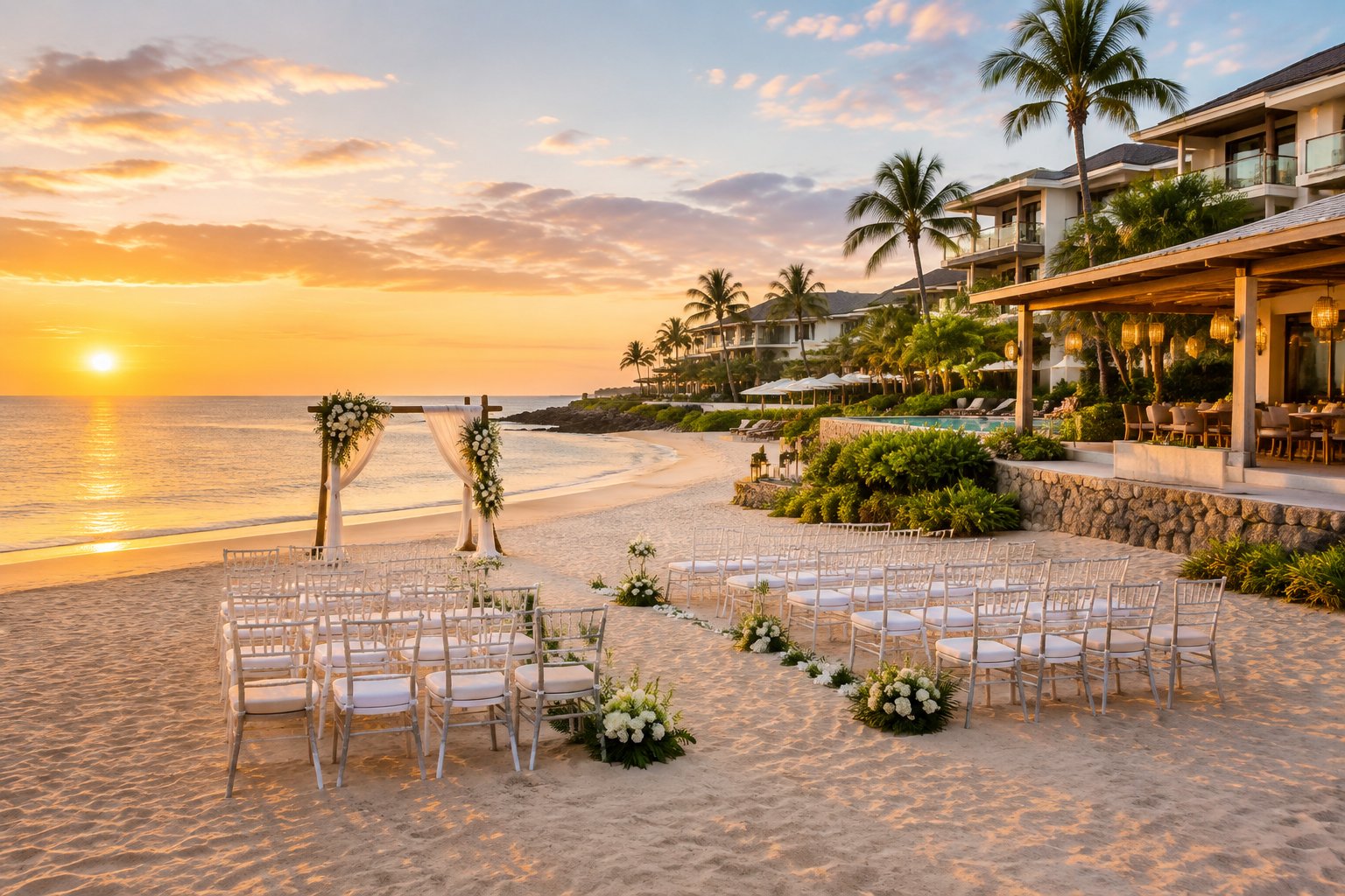 A beachfront wedding venue with decorated ceremony chairs, a floral arch, and nearby resort accommodations overlooking the ocean.