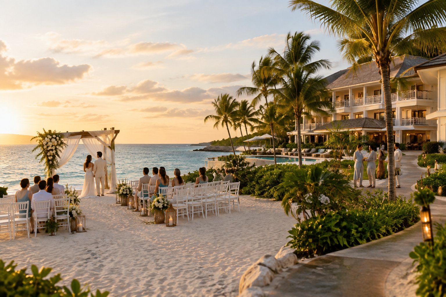 An elegant beach wedding ceremony beside an oceanfront resort with guest accommodations nearby.