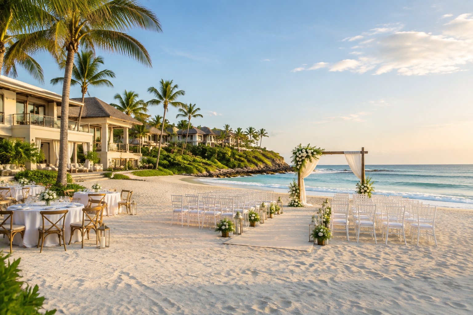 A beachfront wedding setup beside an elegant coastal resort with guest accommodations.