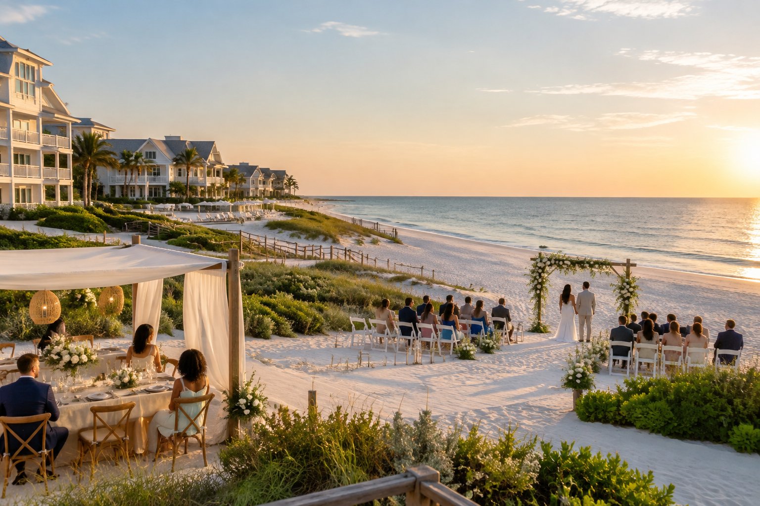 An elegant beachfront wedding venue beside a coastal resort with guest accommodations.
