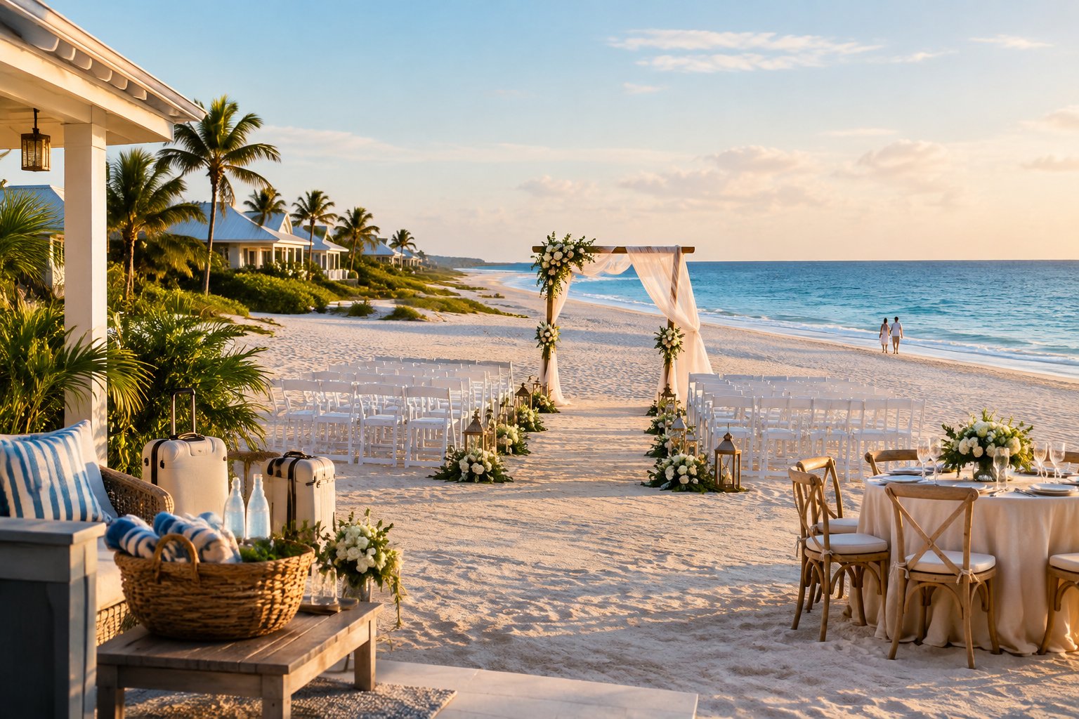 An elegant beach wedding ceremony setup beside a coastal resort with guest accommodations and ocean views.