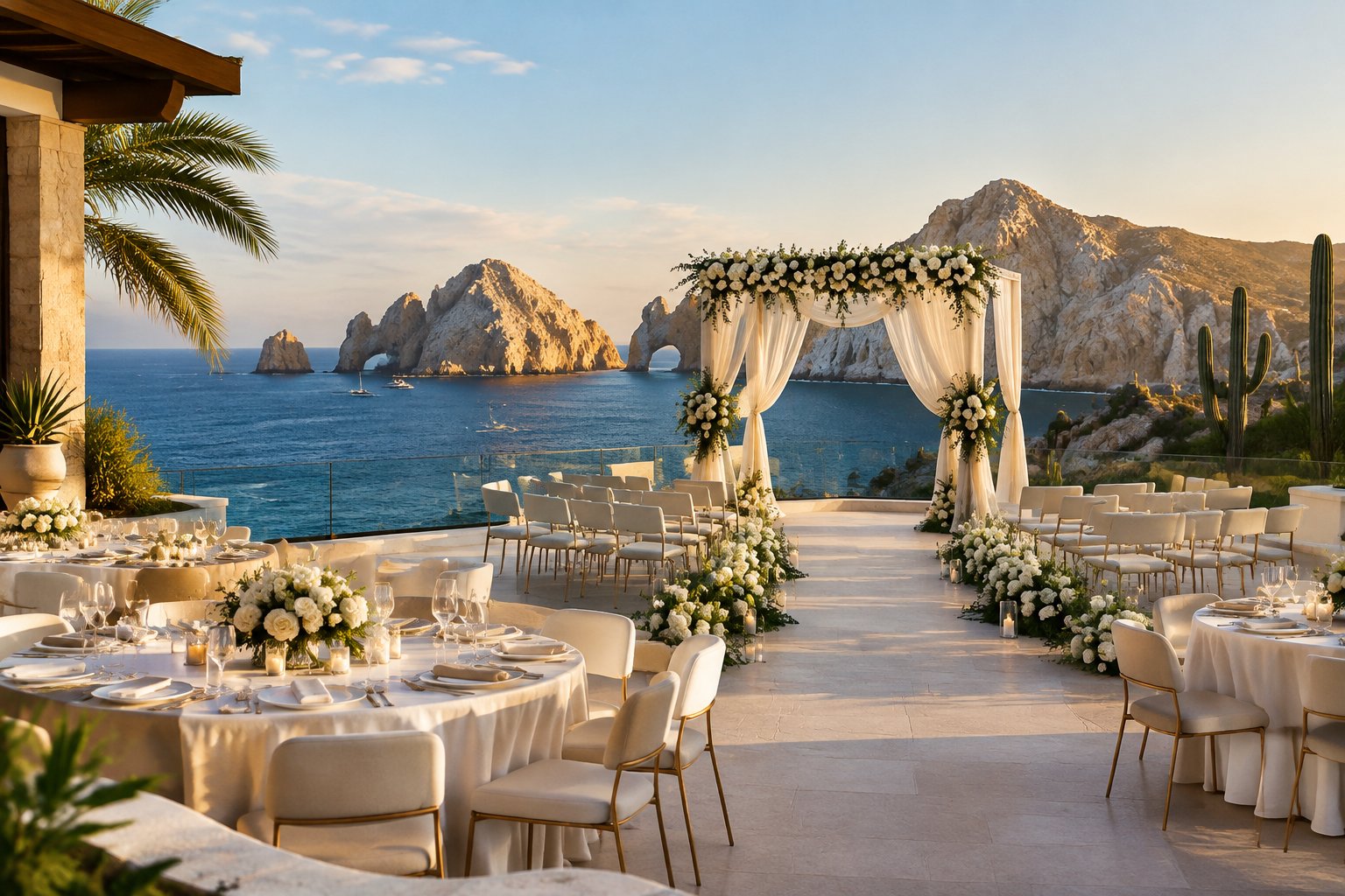 A luxury wedding ceremony setup on a Cabo San Lucas oceanfront terrace with white flowers, elegant seating, and coastal cliffs in the background.