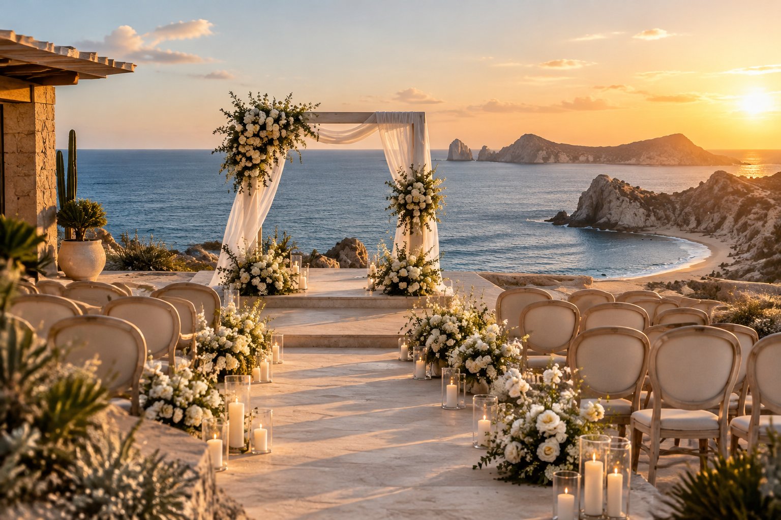 An elegant seaside wedding ceremony setup overlooking the ocean in Los Cabos.