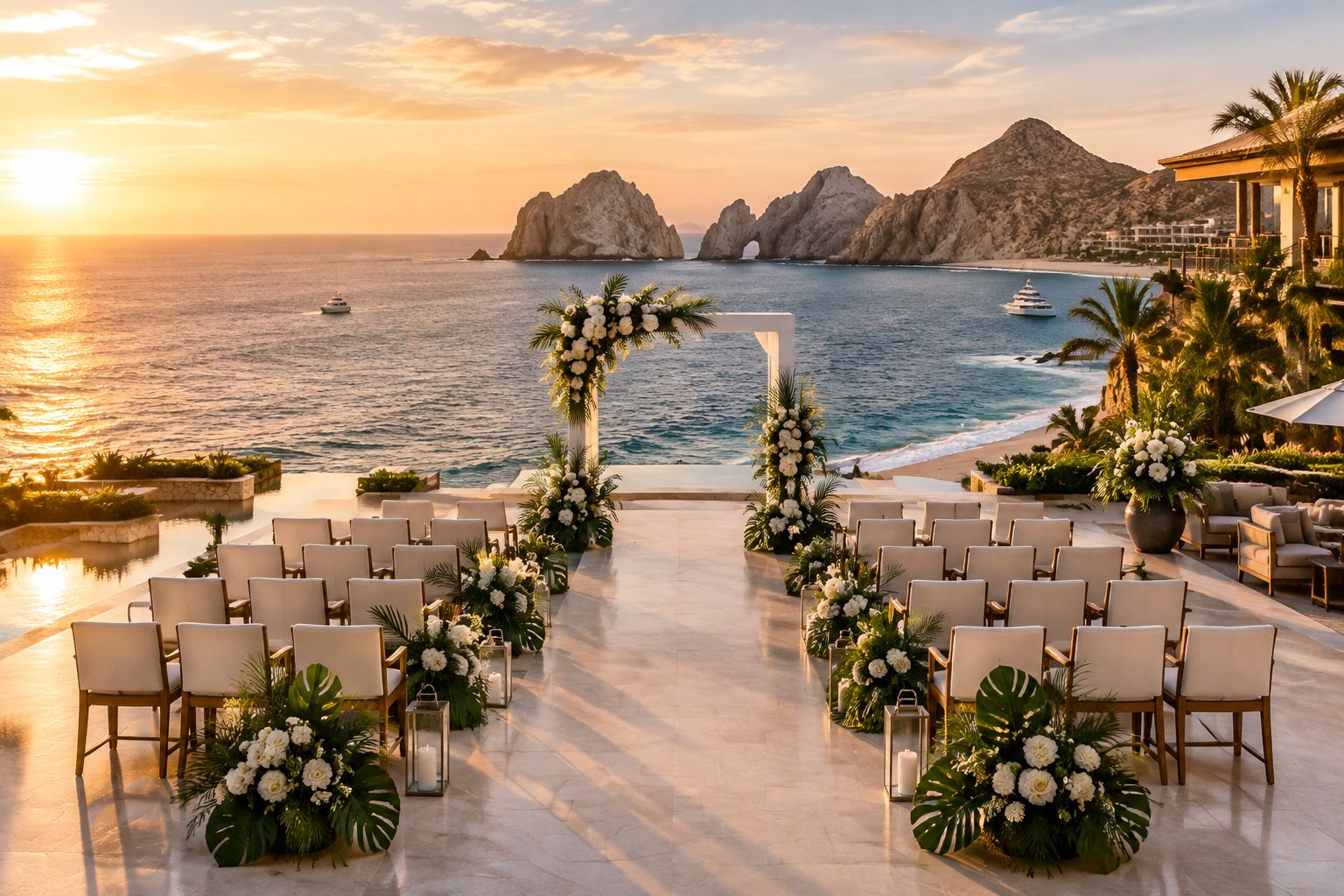 Elegant oceanfront wedding ceremony setup at a luxury resort overlooking the Cabo coastline.