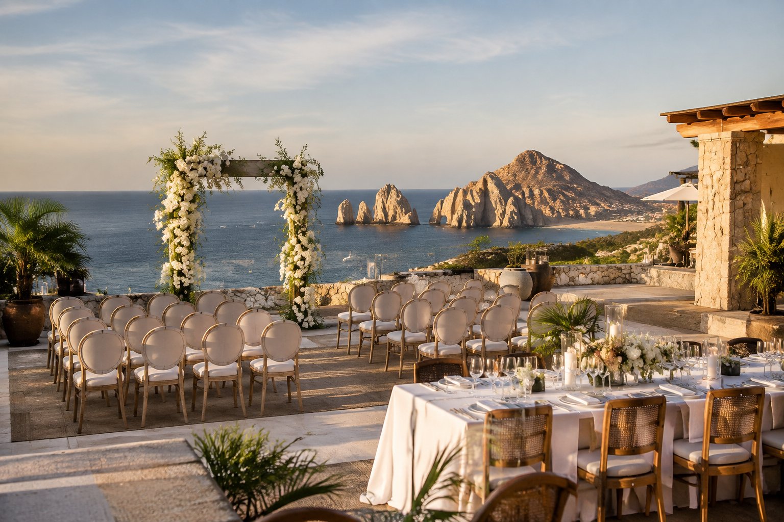 Luxury wedding ceremony and reception terrace overlooking the Cabo coastline and Sea of Cortez.