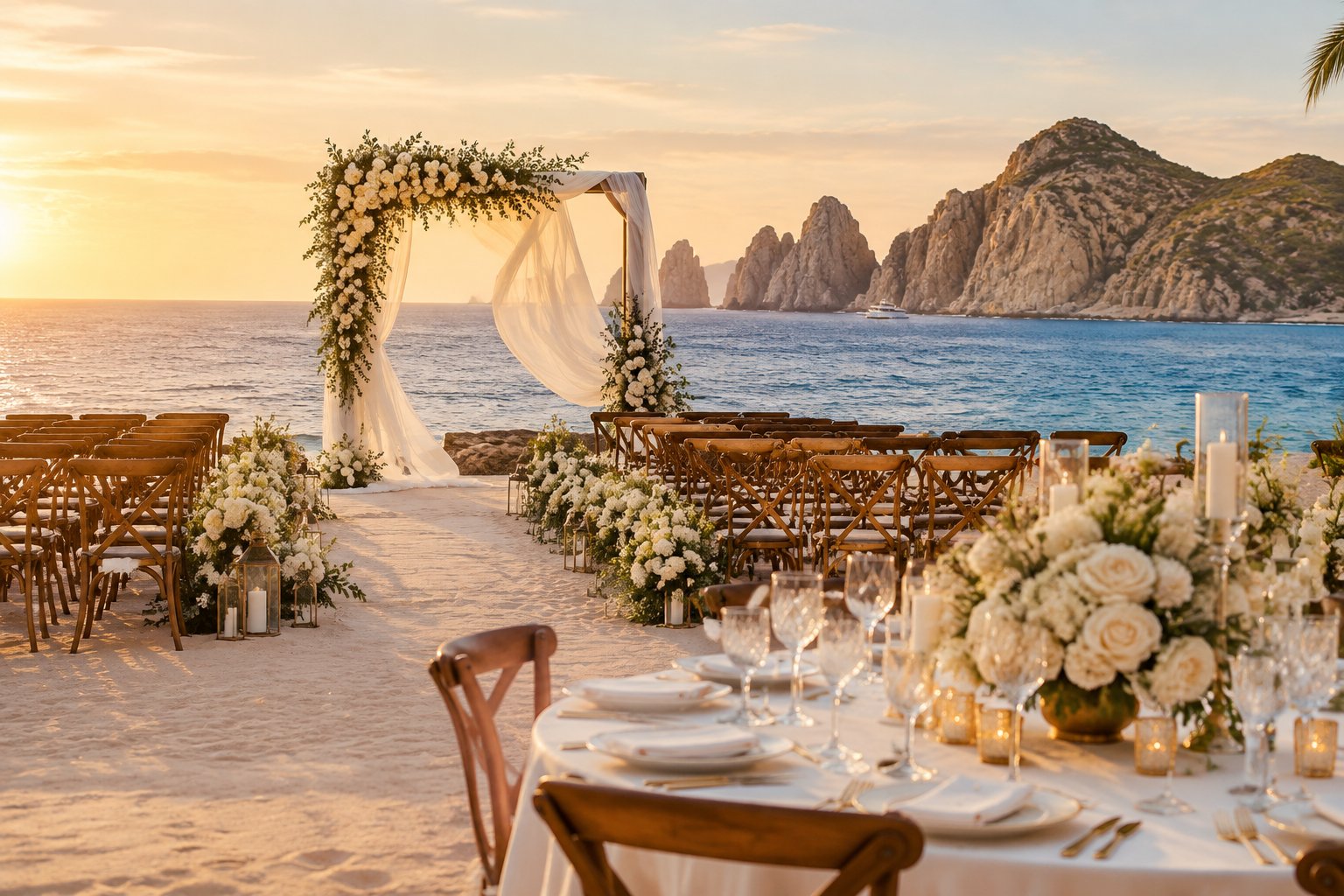 Elegant beachfront wedding ceremony and reception setup overlooking the ocean in Cabo San Lucas.