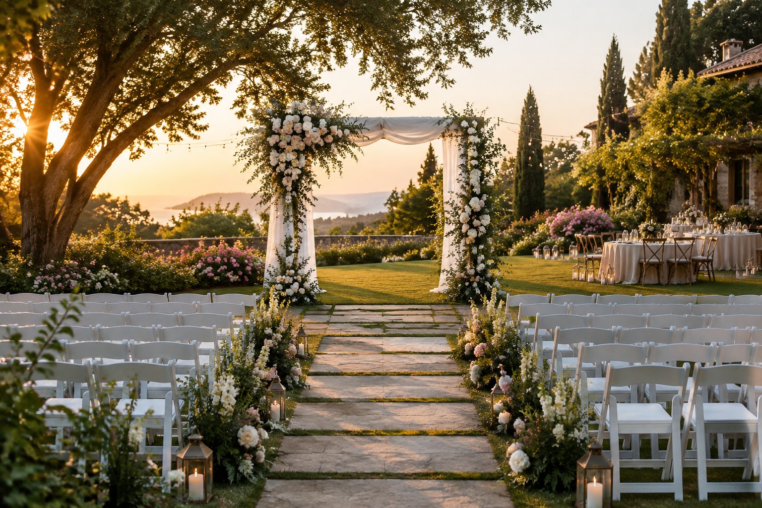 An elegant outdoor wedding ceremony and reception setup in a lush garden with floral decorations and guest seating.