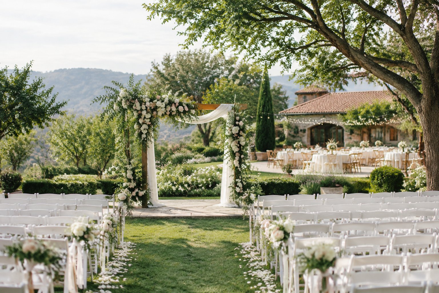 An elegant outdoor wedding ceremony set in a lush garden with a floral arch, white chairs, and a reception area.