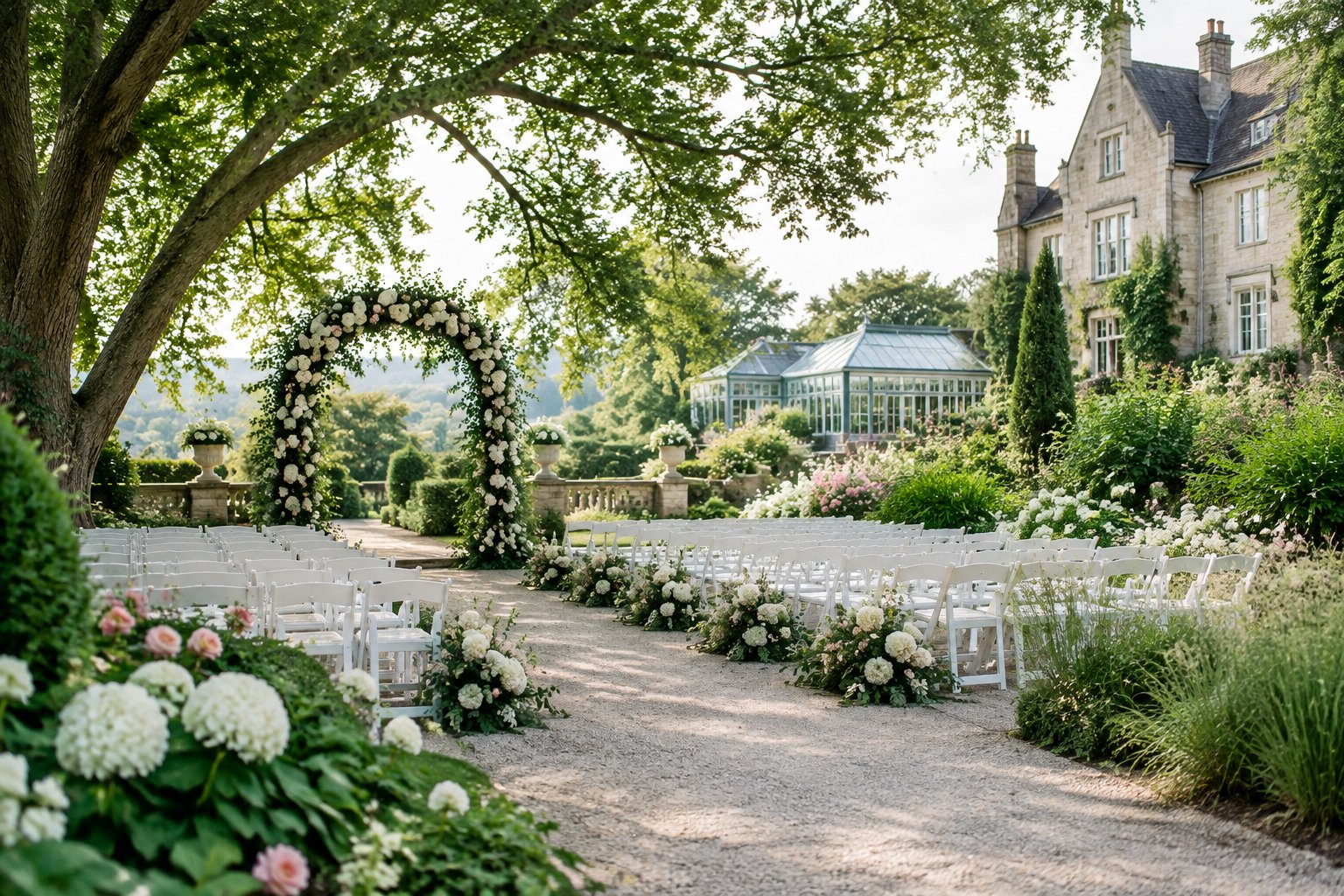 An elegant outdoor wedding ceremony setup in a lush botanical estate garden.