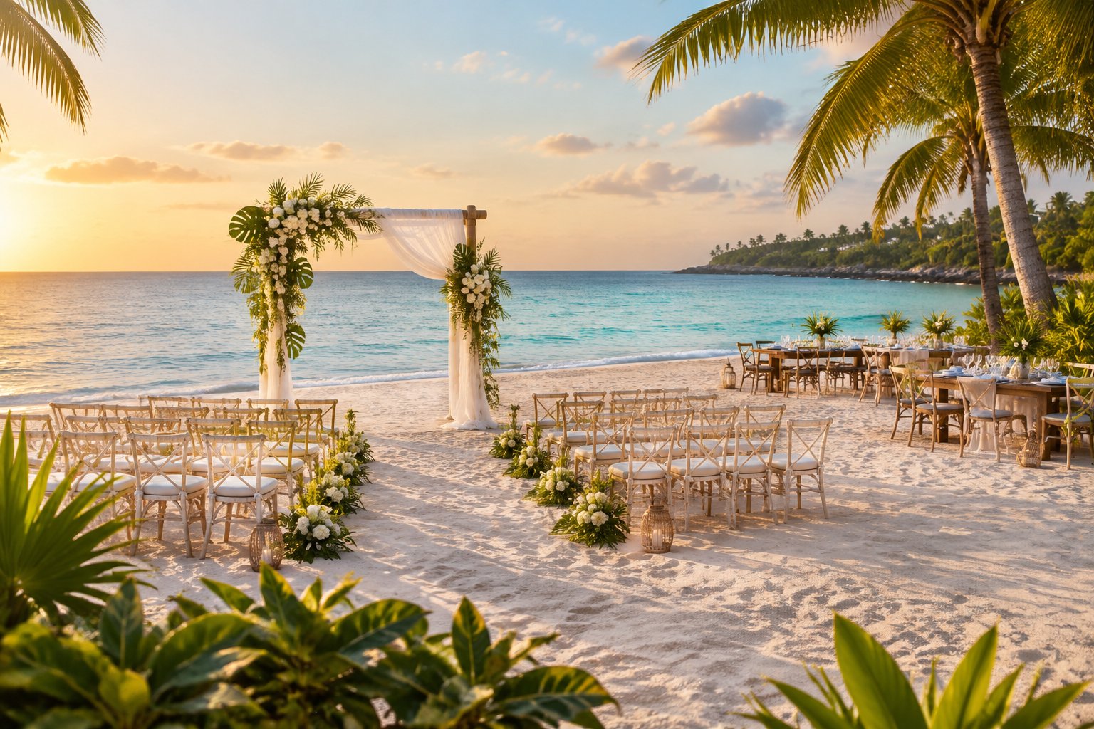 Elegant outdoor wedding ceremony setup on a tropical beach beside calm turquoise water.