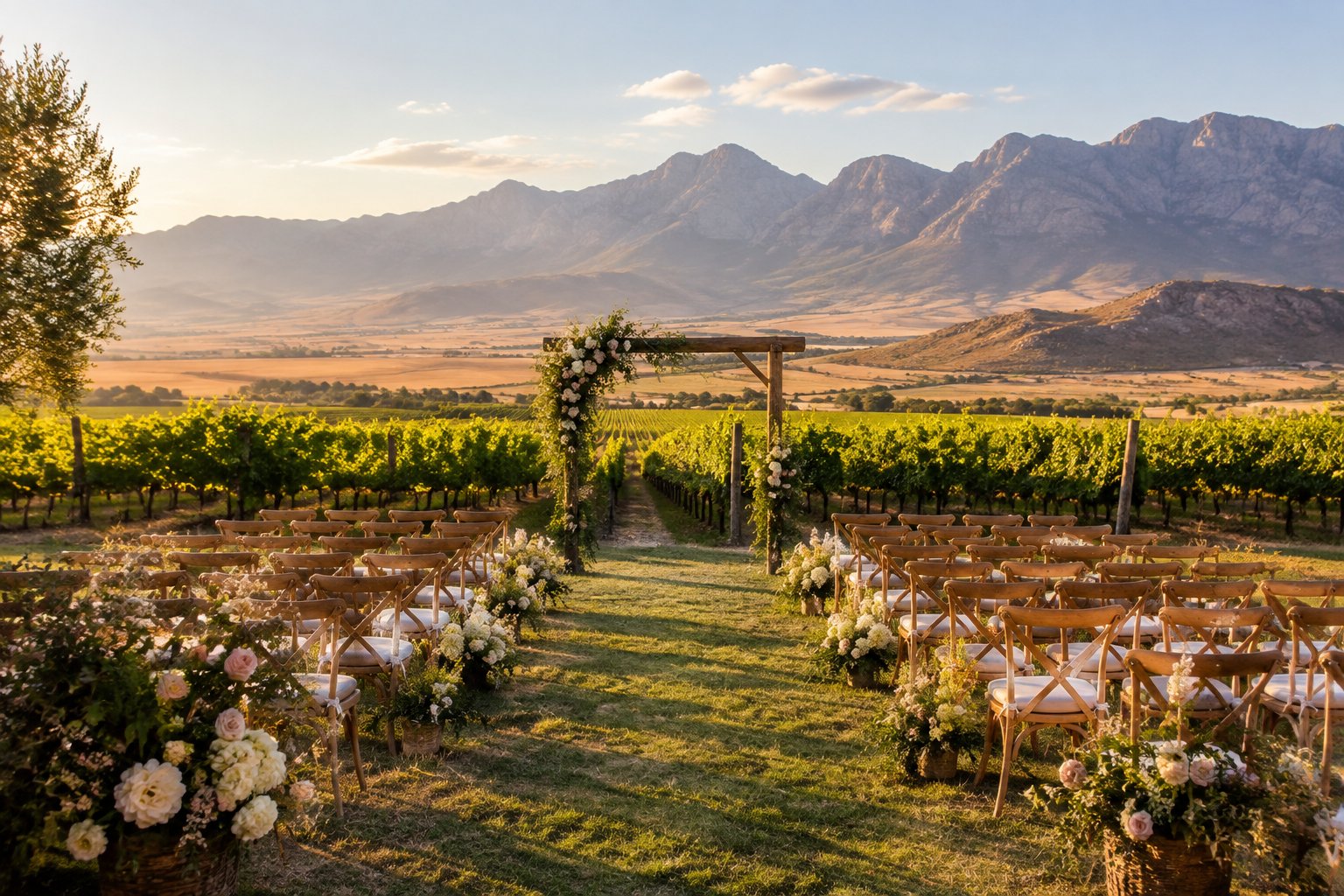 An elegant outdoor wedding ceremony arranged in a vineyard with mountains, farmland, and desert landscape in the background.