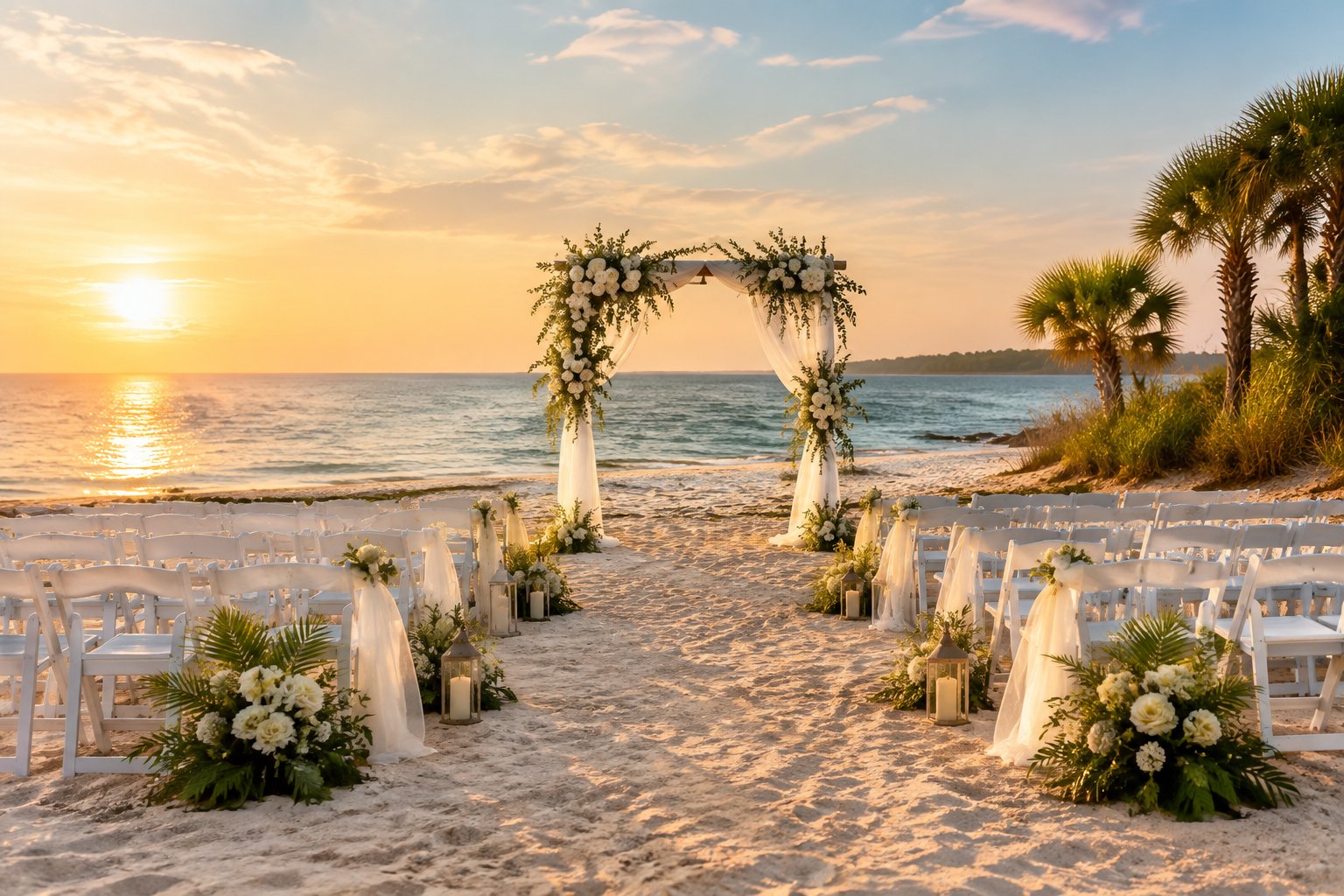 An elegant beach wedding ceremony setup with white chairs and a floral arch beside calm water.