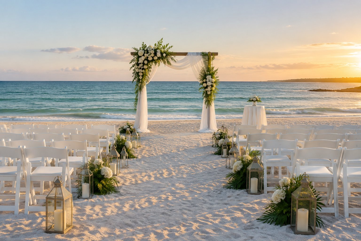 An elegant beachfront wedding ceremony setup with white chairs, a floral arch, sand, and calm blue-green water.